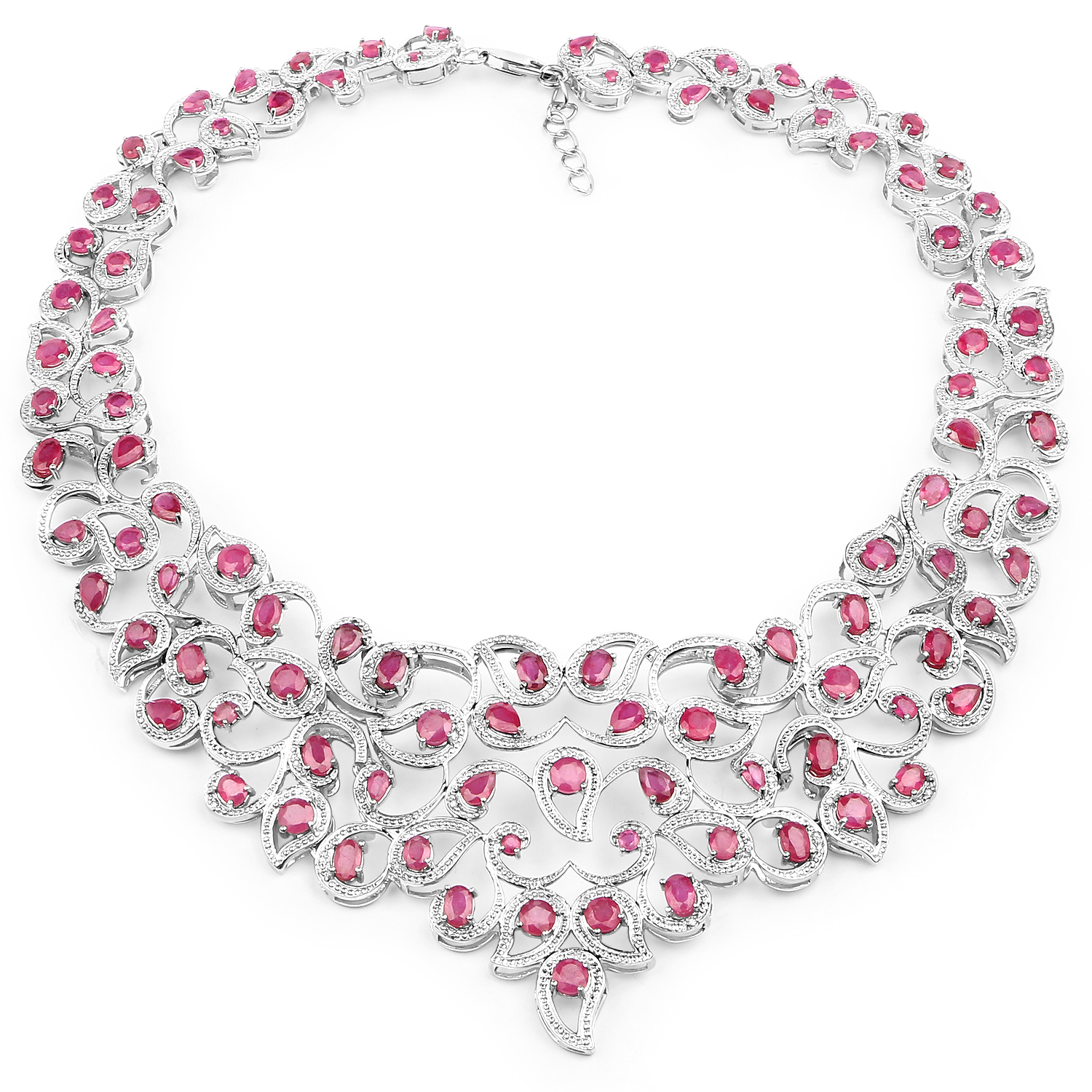 42.56 Carat Genuine Glass Filled Ruby and White Diamond .925 Sterling Silver Necklace