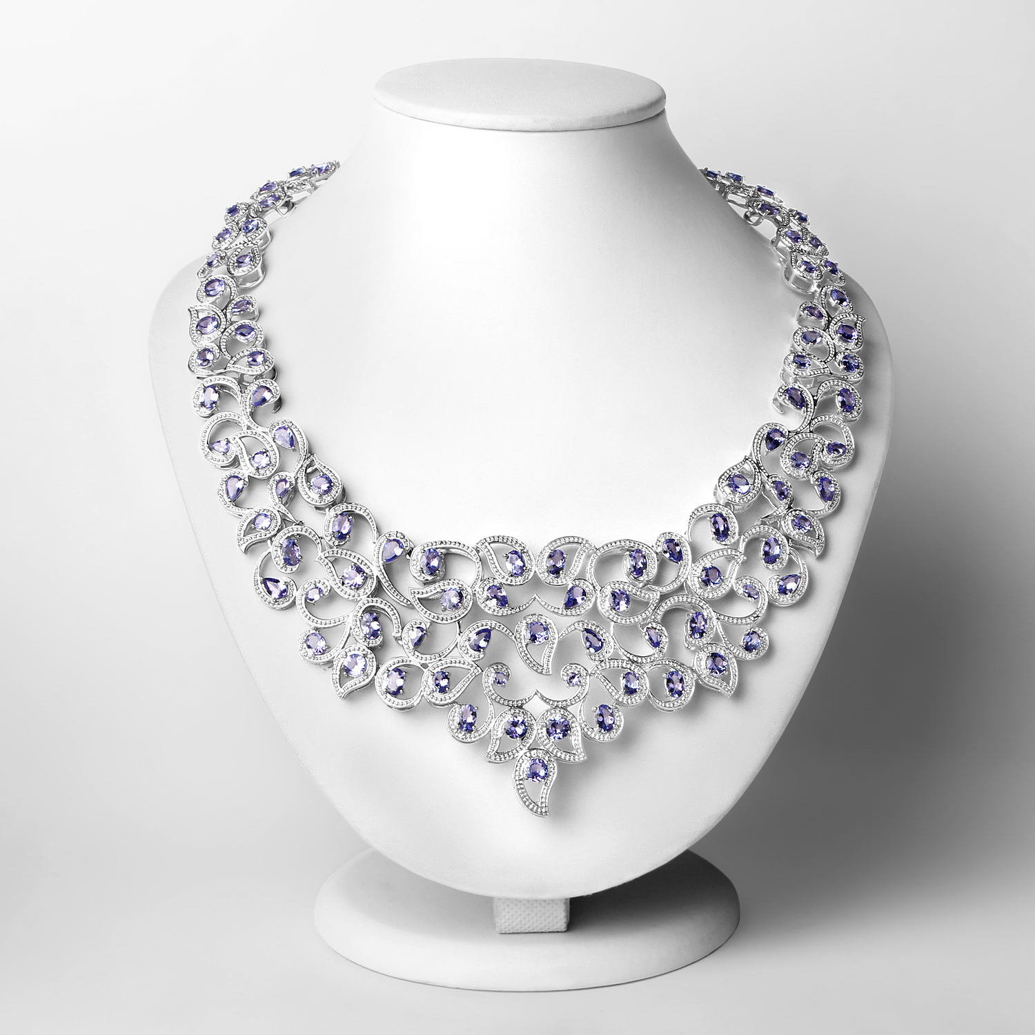 31.29 Carat Genuine Tanzanite and White Diamond .925 Sterling Silver Necklace