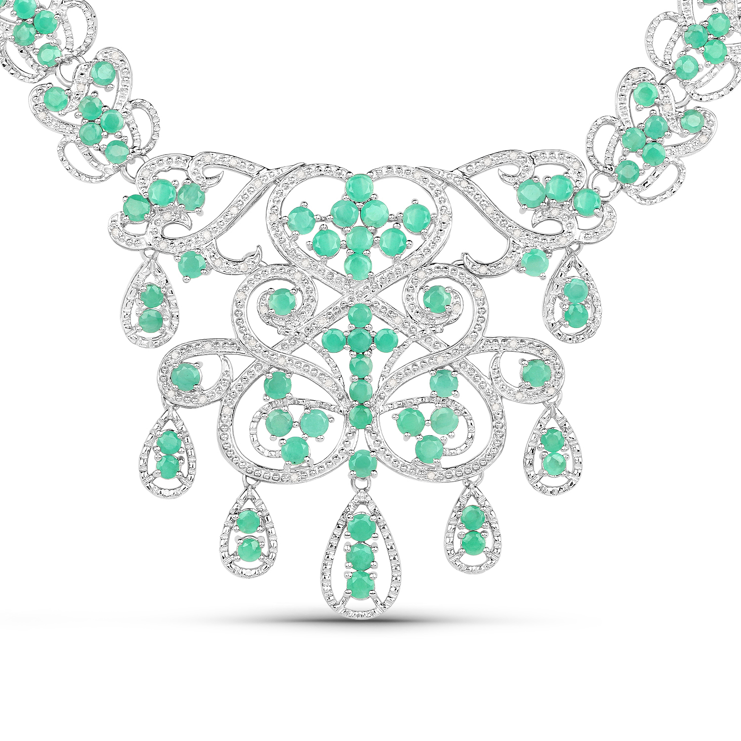19.18 Carat Genuine Emerald and White Diamond .925 Sterling Silver Necklace