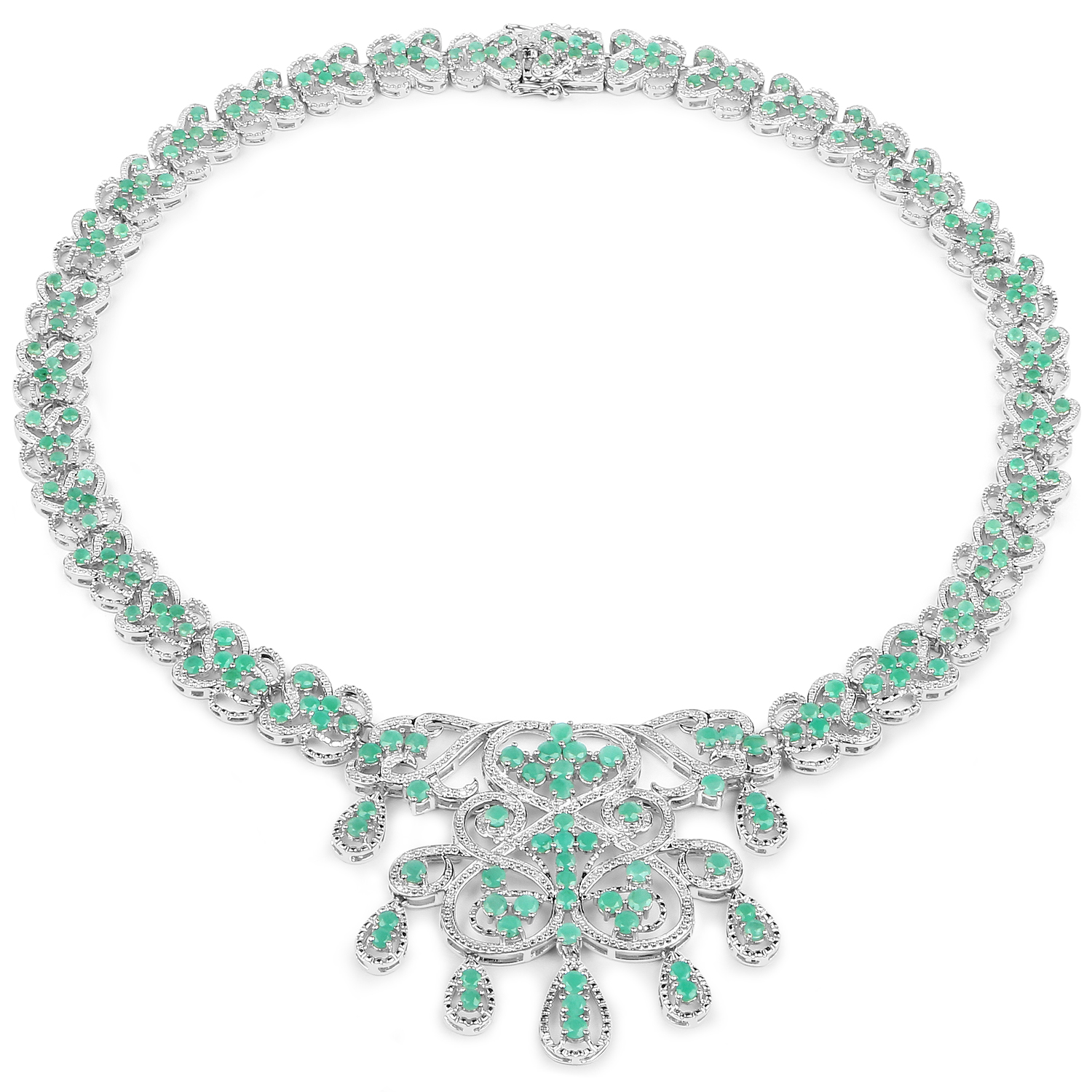 19.18 Carat Genuine Emerald and White Diamond .925 Sterling Silver Necklace