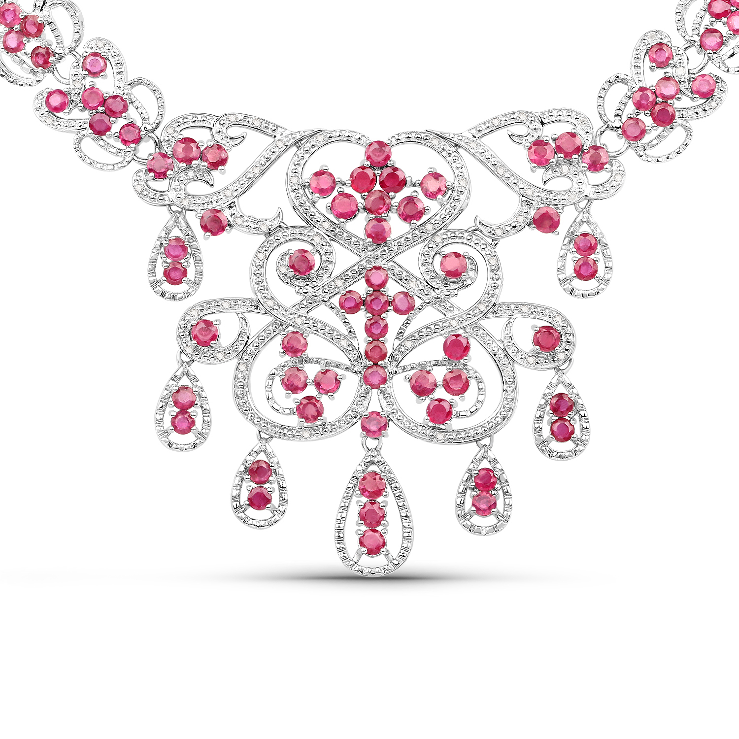 29.12 Carat Genuine Glass Filled Ruby and White Diamond .925 Sterling Silver Necklace