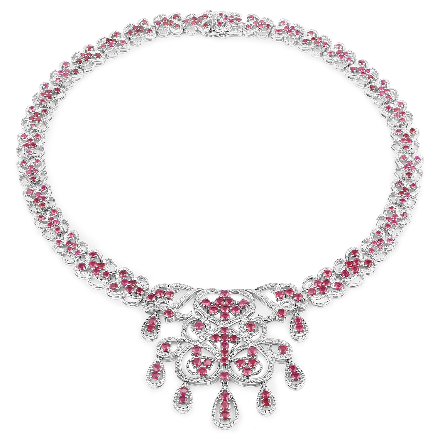 29.12 Carat Genuine Glass Filled Ruby and White Diamond .925 Sterling Silver Necklace