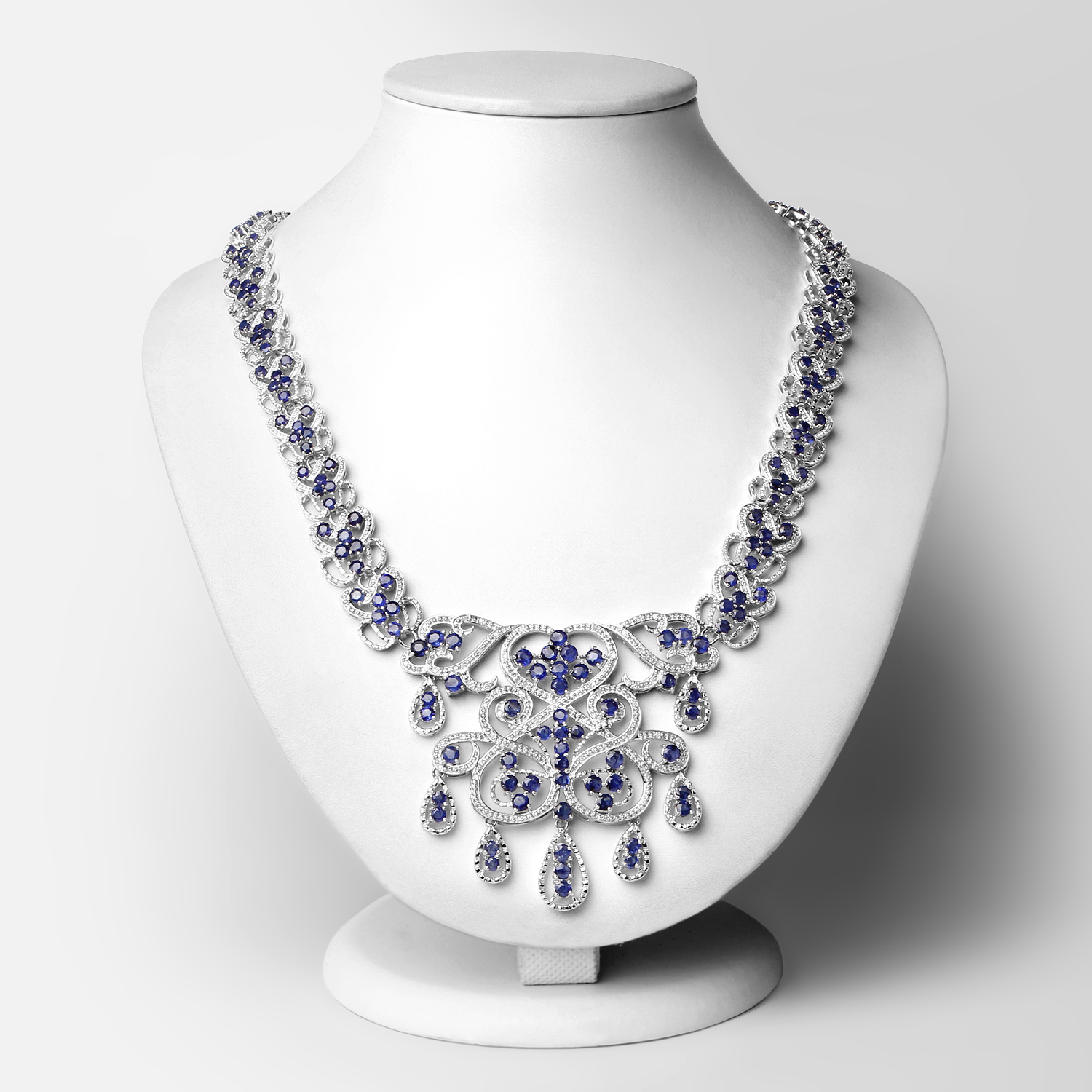 26.37 Carat Genuine Glass Filled Sapphire and White Diamond .925 Sterling Silver Necklace