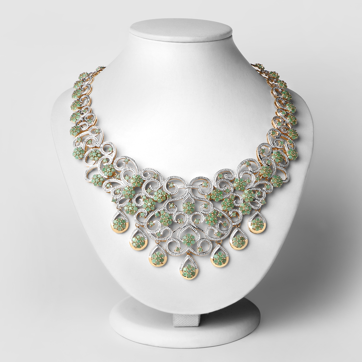 18K Yellow Gold Plated 22.41 Carat Genuine Emerald and White Diamond .925 Sterling Silver Necklace