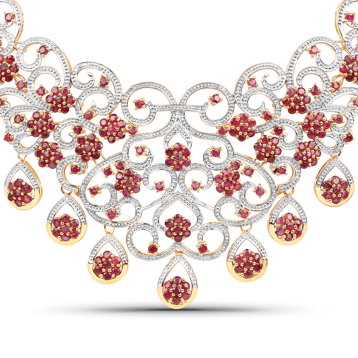 18K Yellow Gold Plated 39.19 Carat Genuine Glass Filled Ruby and White Diamond .925 Sterling Silver Necklace