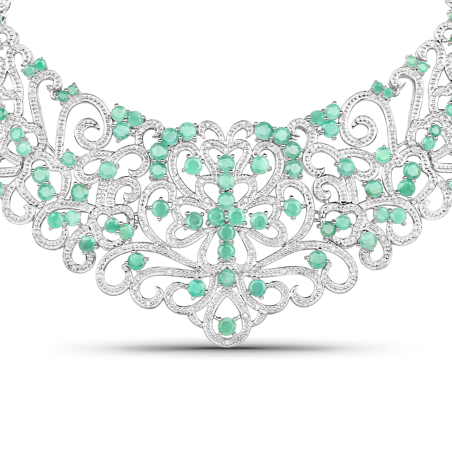 21.76 Carat Genuine Emerald and White Diamond .925 Sterling Silver Necklace