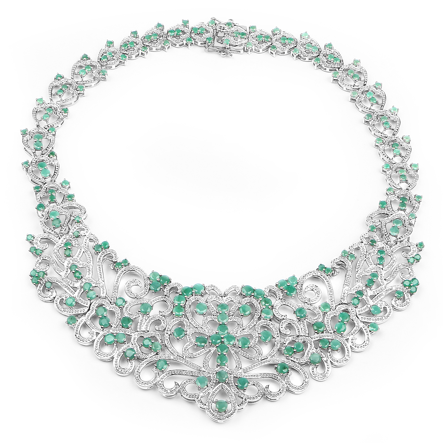 21.76 Carat Genuine Emerald and White Diamond .925 Sterling Silver Necklace