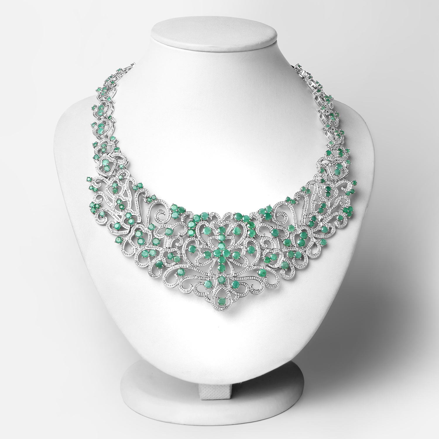 21.76 Carat Genuine Emerald and White Diamond .925 Sterling Silver Necklace