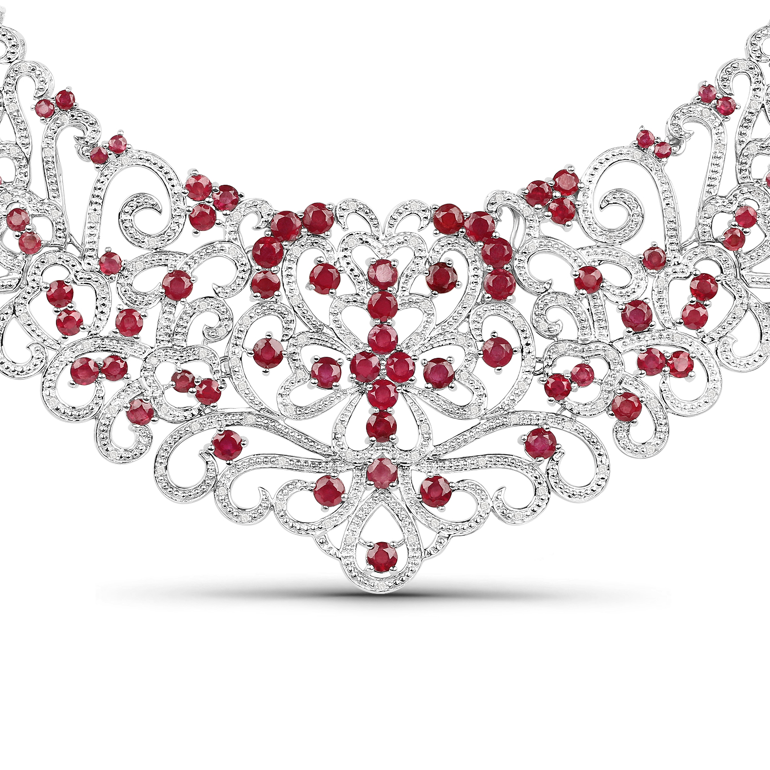 31.81 Carat Genuine Glass Filled Ruby and White Diamond .925 Sterling Silver Necklace