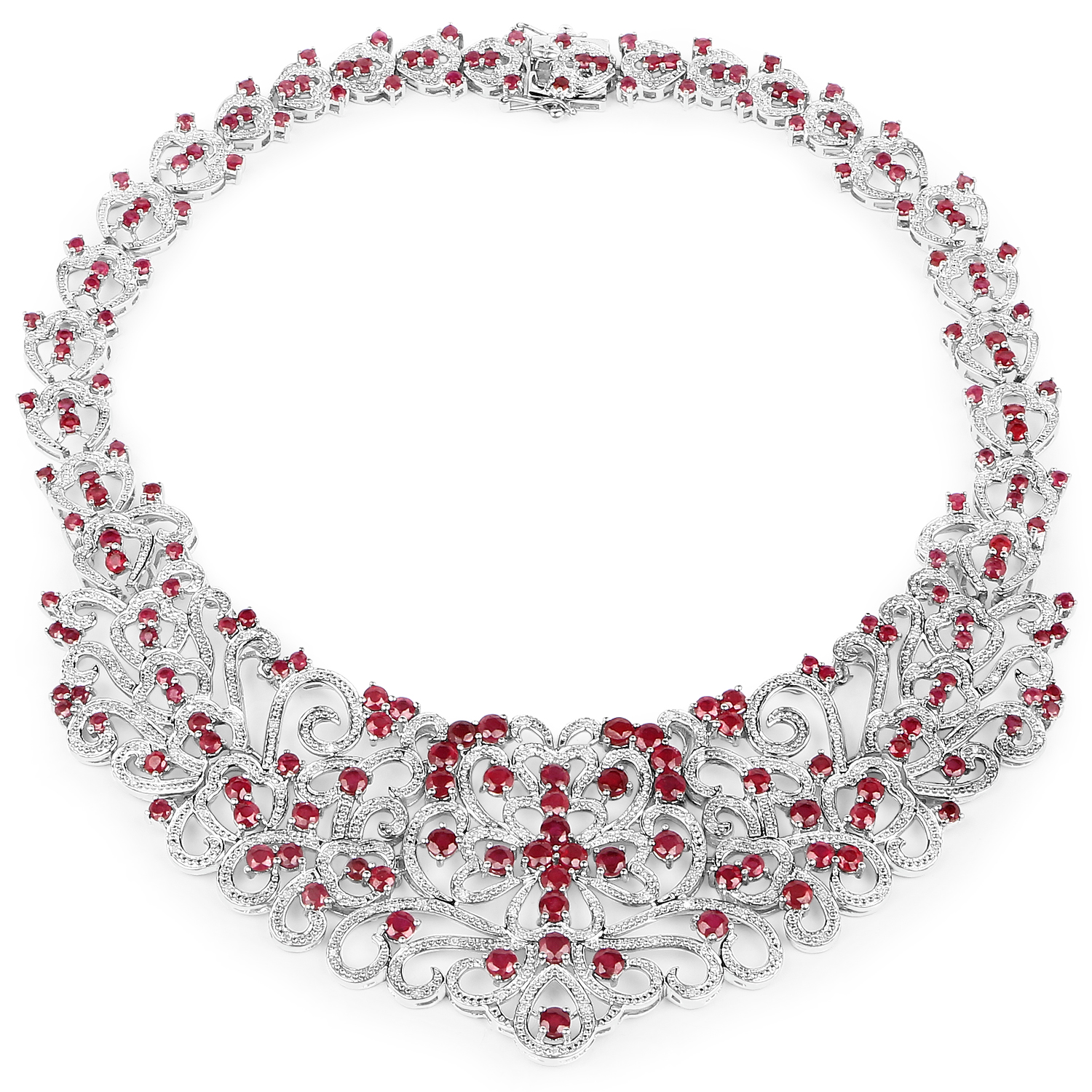 31.81 Carat Genuine Glass Filled Ruby and White Diamond .925 Sterling Silver Necklace