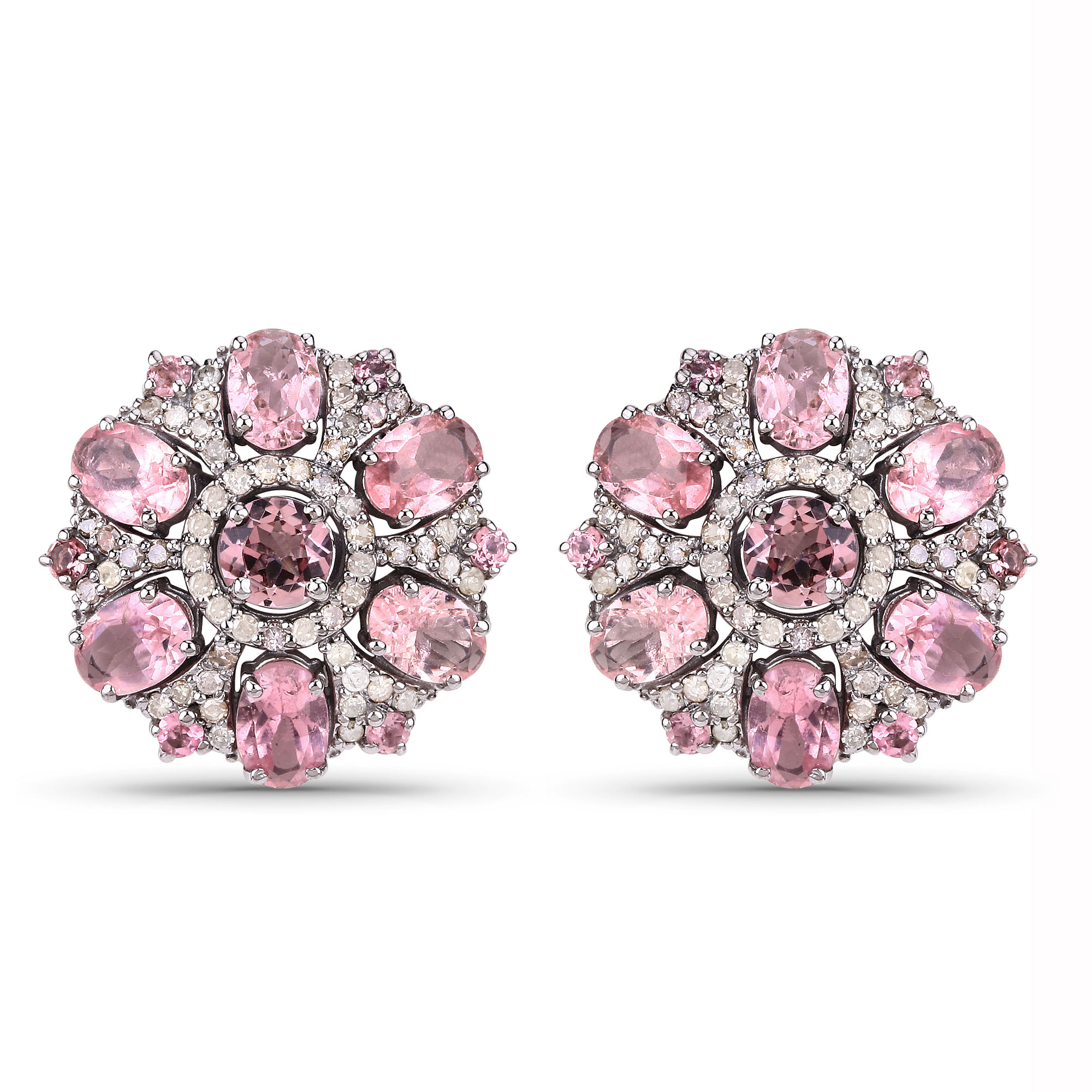 8.06 Carat Genuine Pink Tourmaline and White Diamond .925 Sterling Silver Earrings