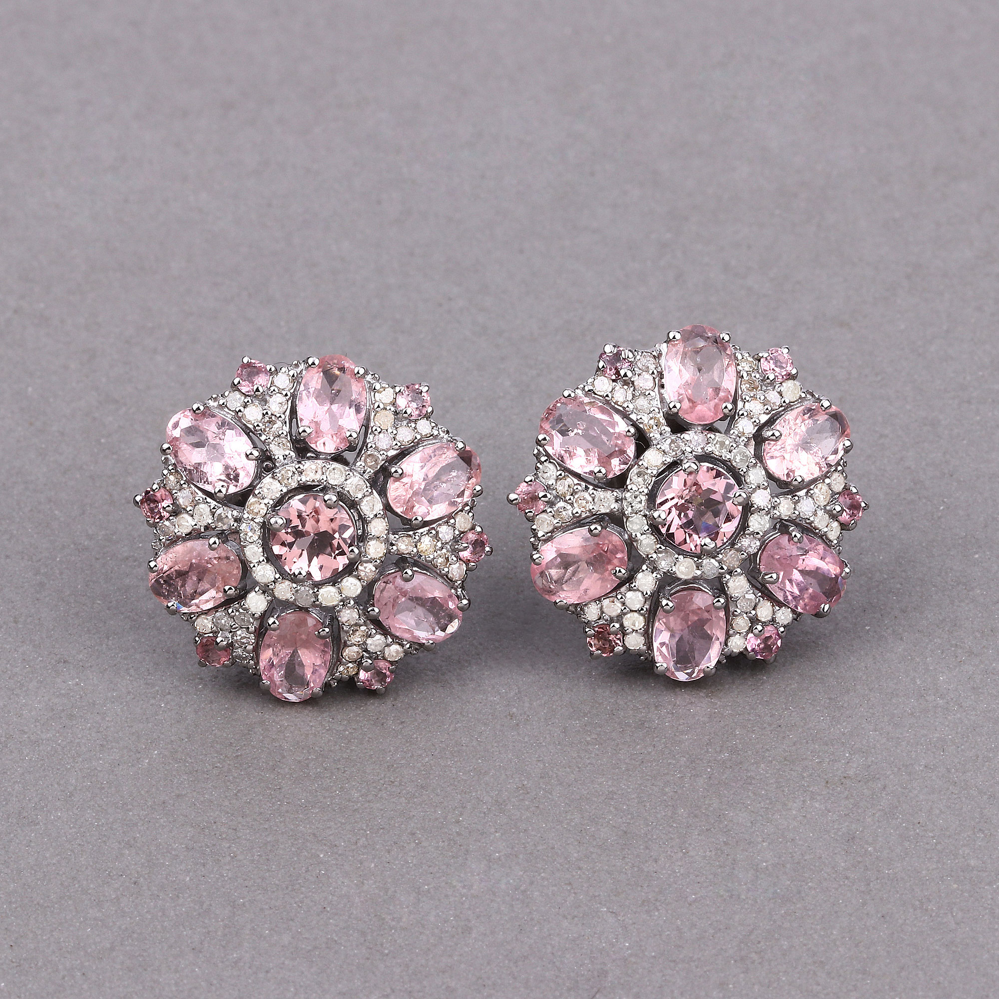 8.06 Carat Genuine Pink Tourmaline and White Diamond .925 Sterling Silver Earrings