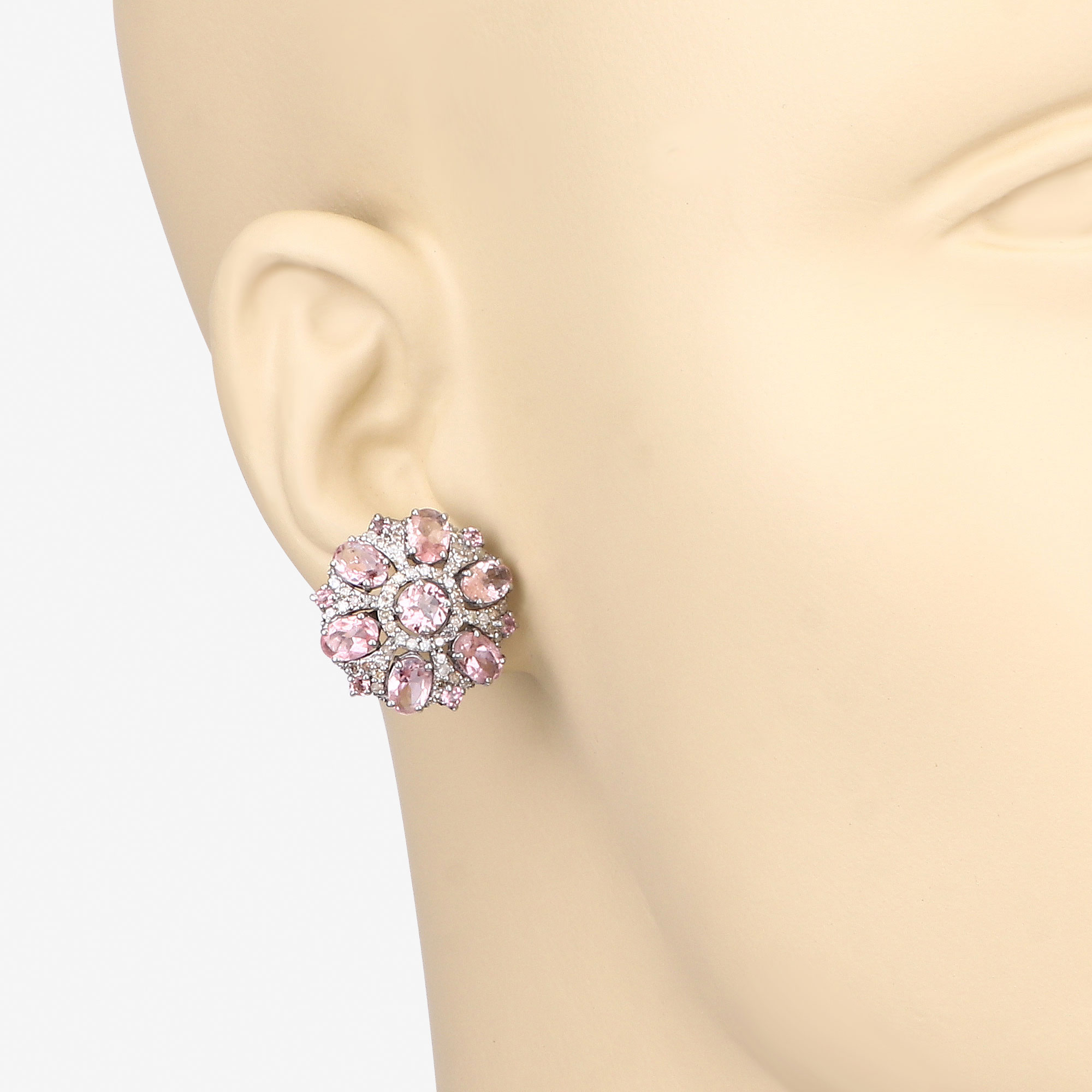 8.06 Carat Genuine Pink Tourmaline and White Diamond .925 Sterling Silver Earrings