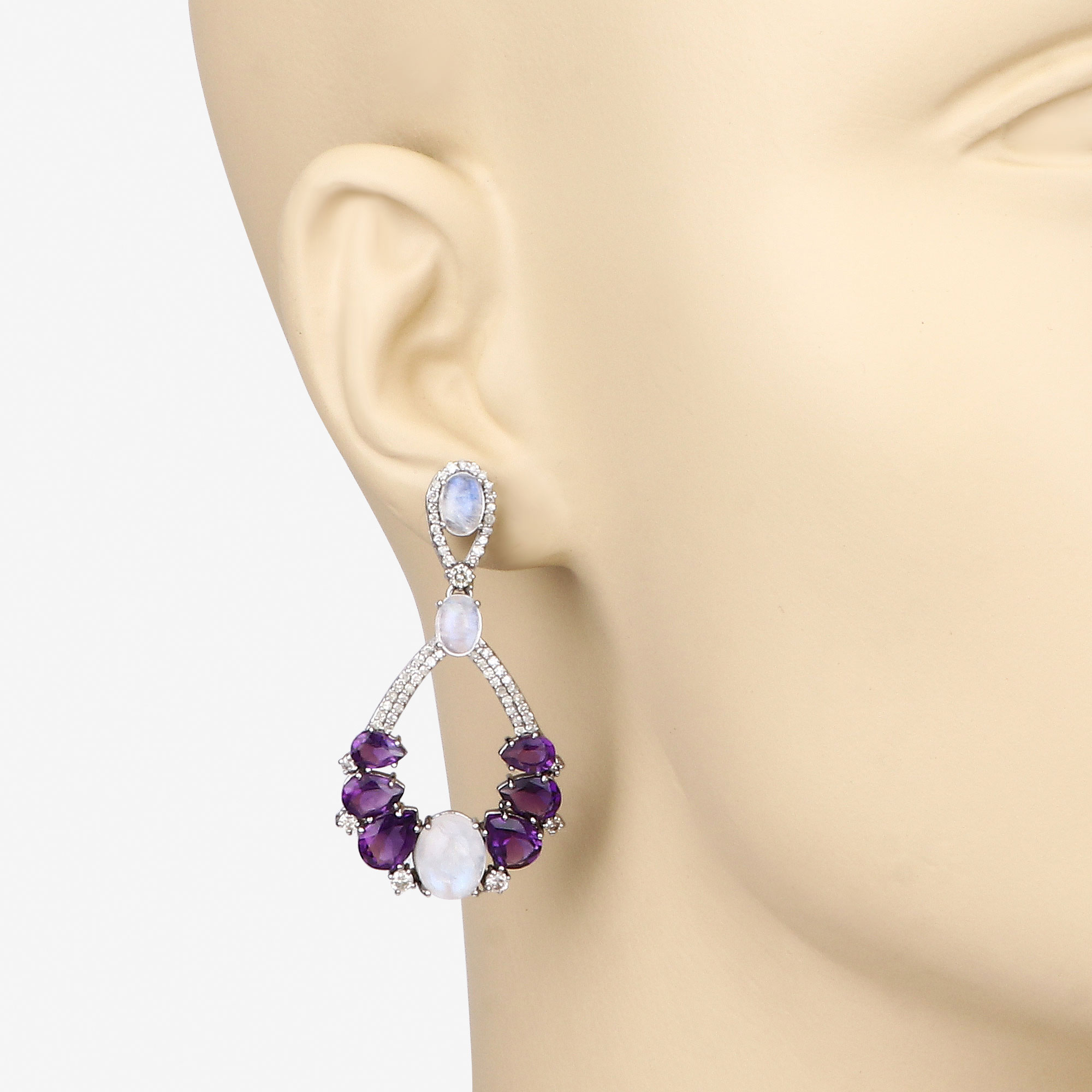 17.06 Carat Genuine Rainbow, Amethyst and White Diamond .925 Sterling Silver Earrings