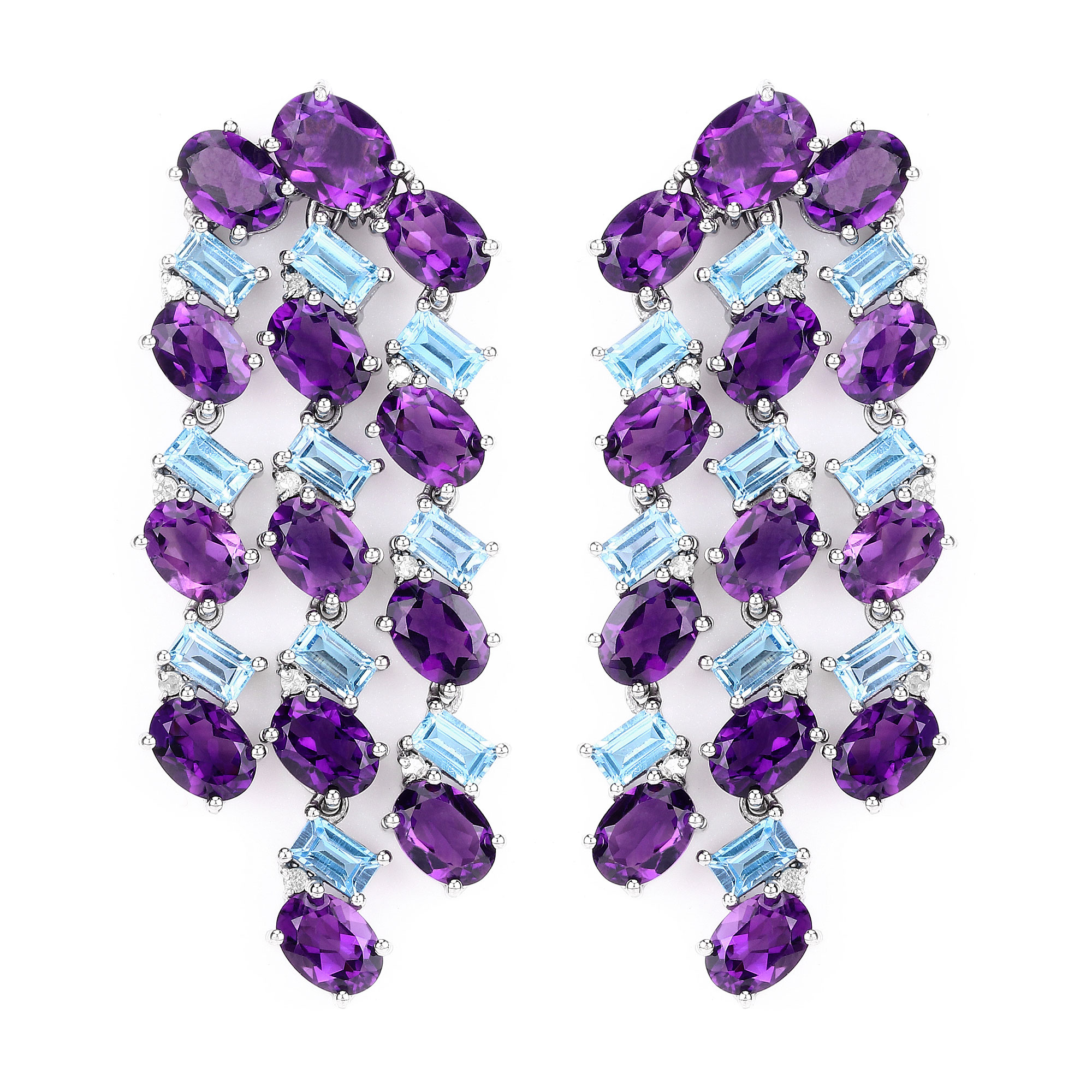 26.50 Carat Genuine Blue Topaz, Amethyst and White Diamond .925 Sterling Silver Earrings