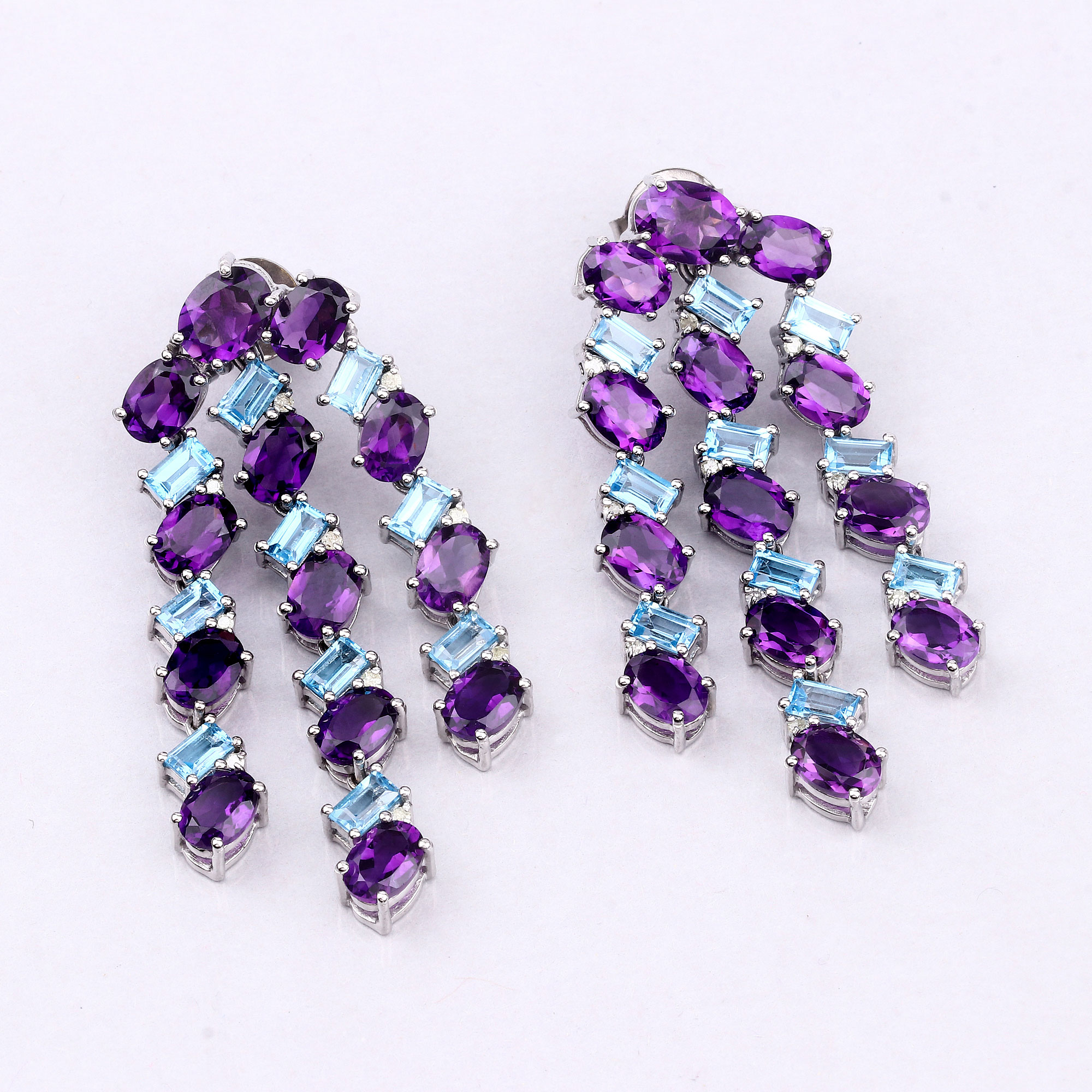 26.50 Carat Genuine Blue Topaz, Amethyst and White Diamond .925 Sterling Silver Earrings