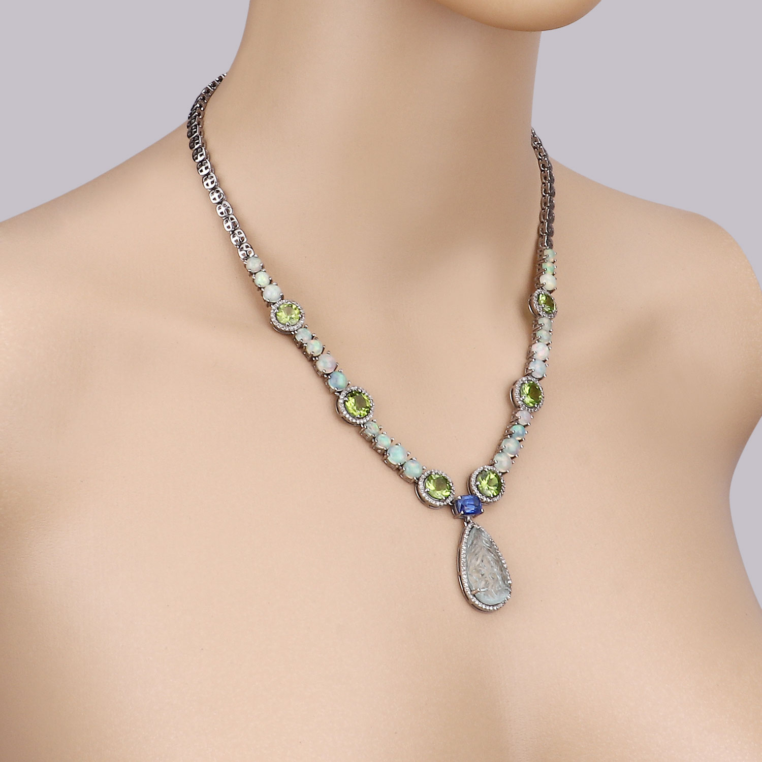 46.00 Carat Genuine Multi Gemstones .925 Sterling Silver 2 Piece Jewelry Set (Necklace and Earrings)