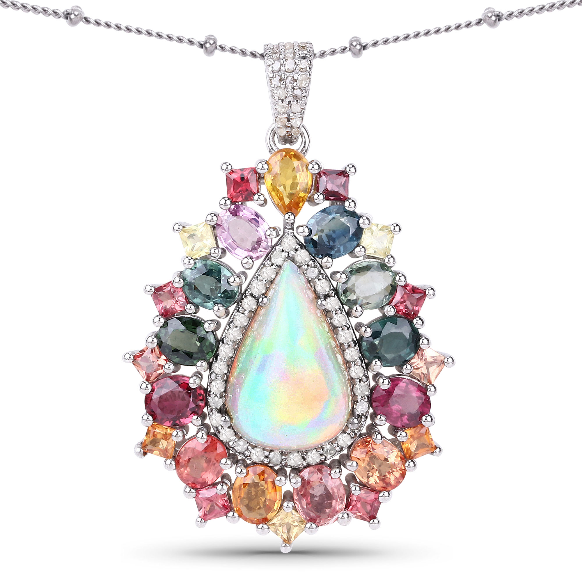 14.75 Carat Genuine Multi Sapphire, Opal and White Diamond .925 Sterling Silver Pendant