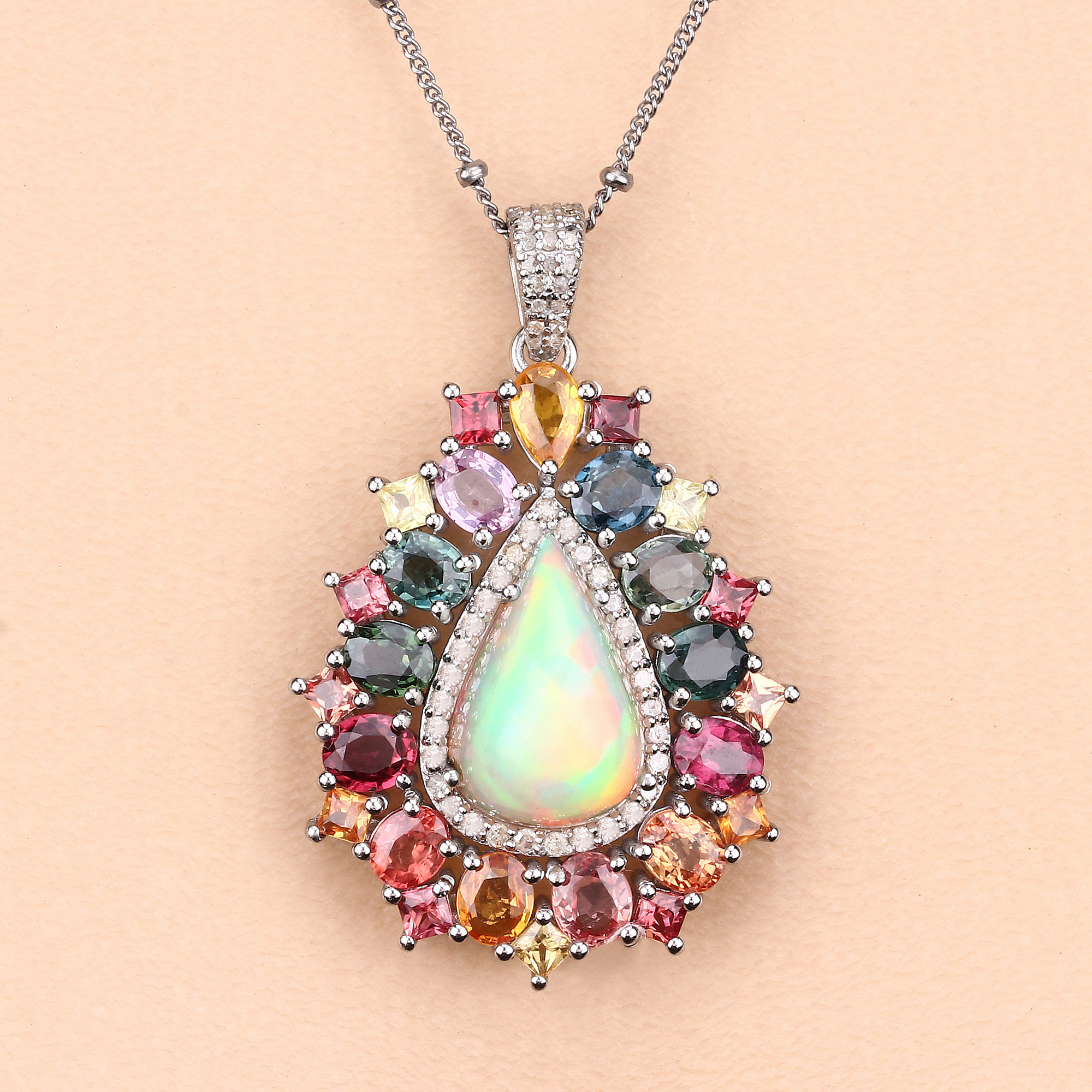14.75 Carat Genuine Multi Sapphire, Opal and White Diamond .925 Sterling Silver Pendant