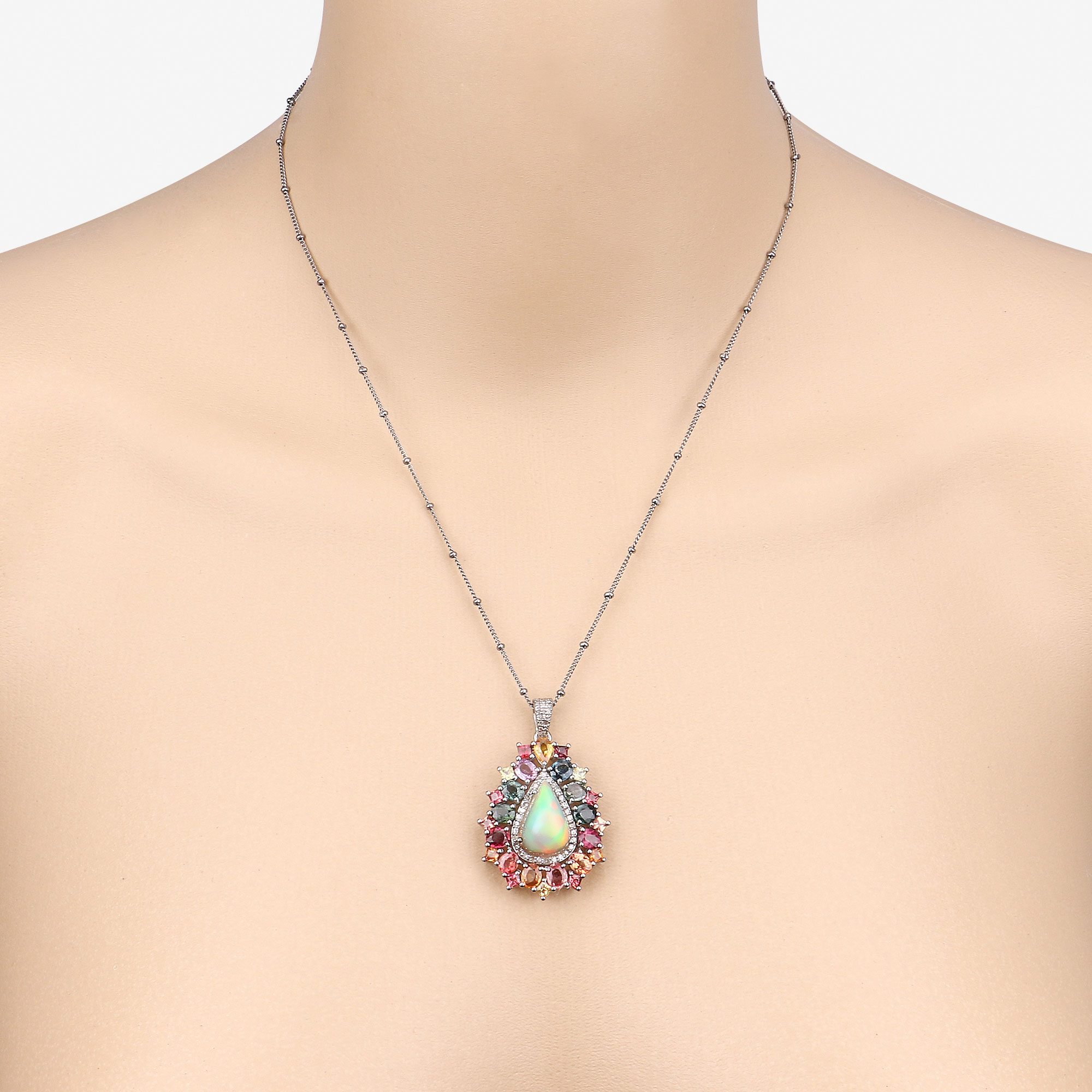 14.75 Carat Genuine Multi Sapphire, Opal and White Diamond .925 Sterling Silver Pendant