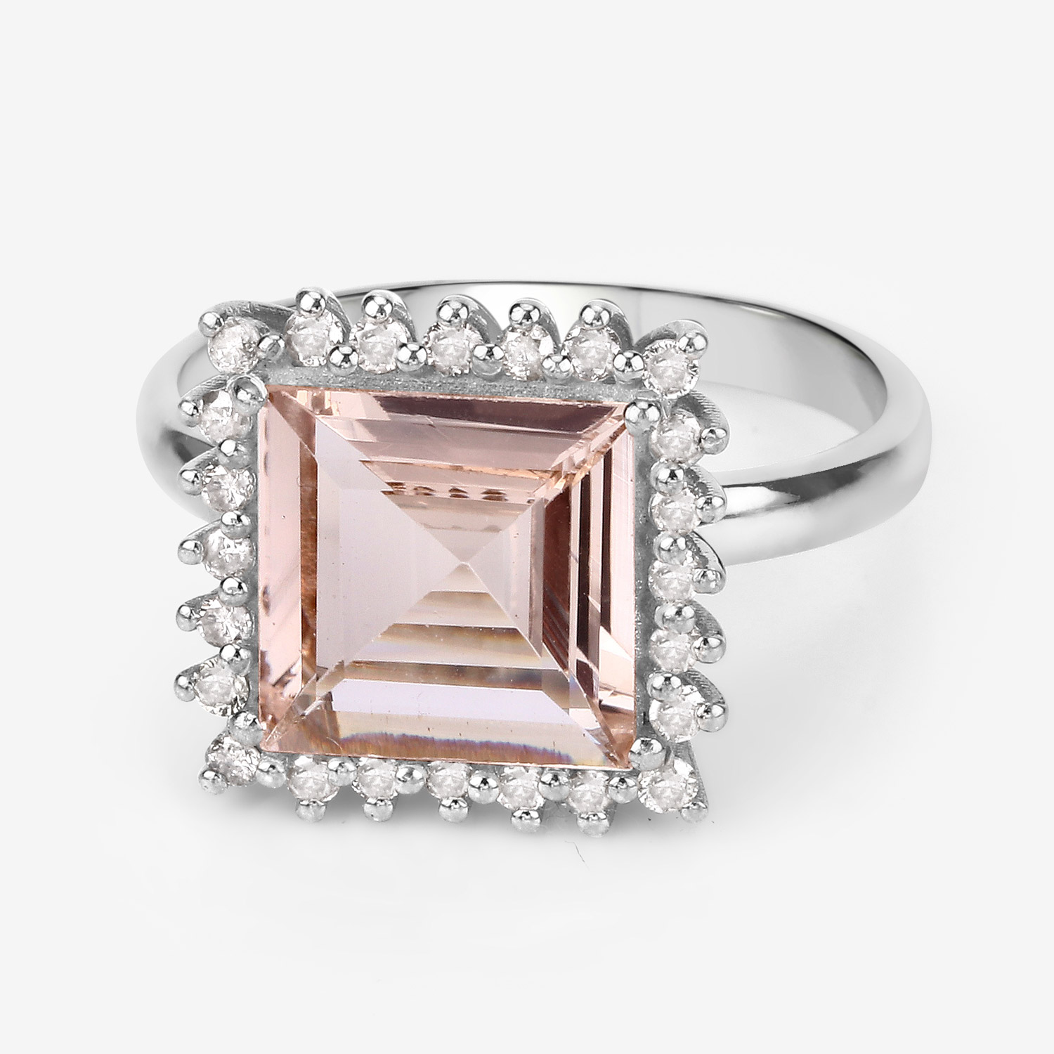 Morganite Ring, Natural Morganite with Diamond Halo Sterling Silver Ring, Pink-Peach Morganite Ring, Engagement Ring, Statement Ring