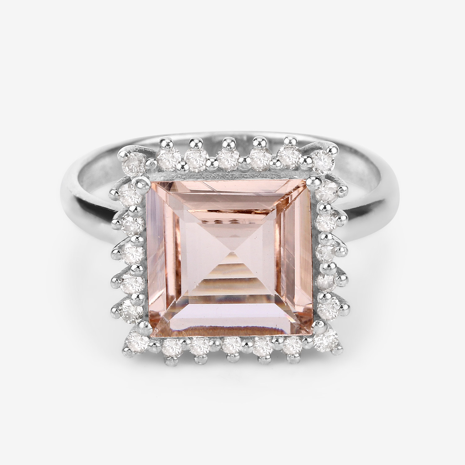 Morganite Ring, Natural Morganite with Diamond Halo Sterling Silver Ring, Pink-Peach Morganite Ring, Engagement Ring, Statement Ring