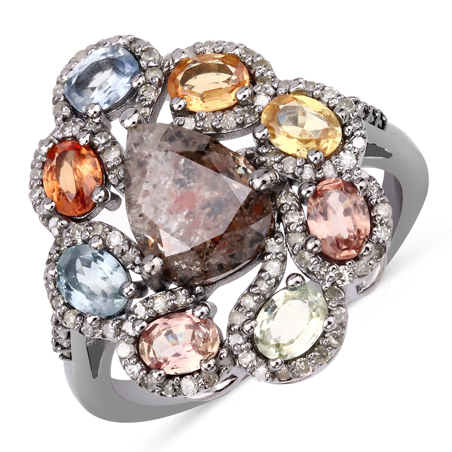 Multi-Gemstone Ring, Champagne Diamond Ring, Black Rhodium Plated Sterling Silver Ring, Statement Ring, Gift for Mom