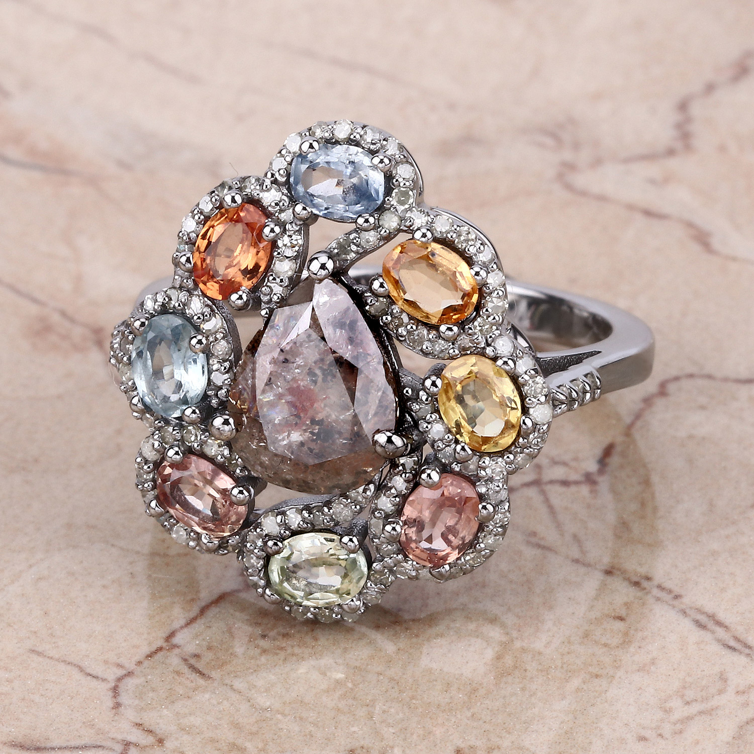 Multi-Gemstone Ring, Champagne Diamond Ring, Black Rhodium Plated Sterling Silver Ring, Statement Ring, Gift for Mom