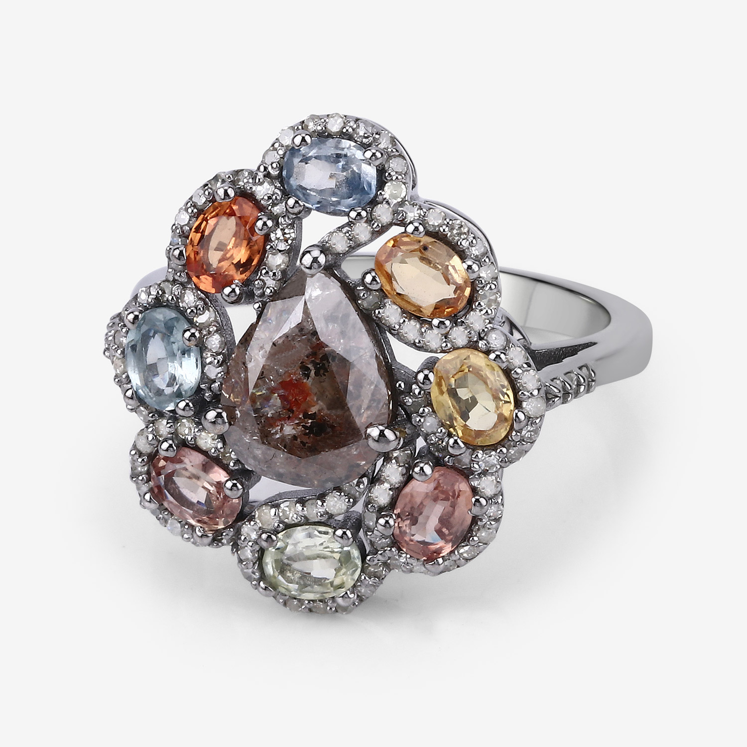 Multi-Gemstone Ring, Champagne Diamond Ring, Black Rhodium Plated Sterling Silver Ring, Statement Ring, Gift for Mom