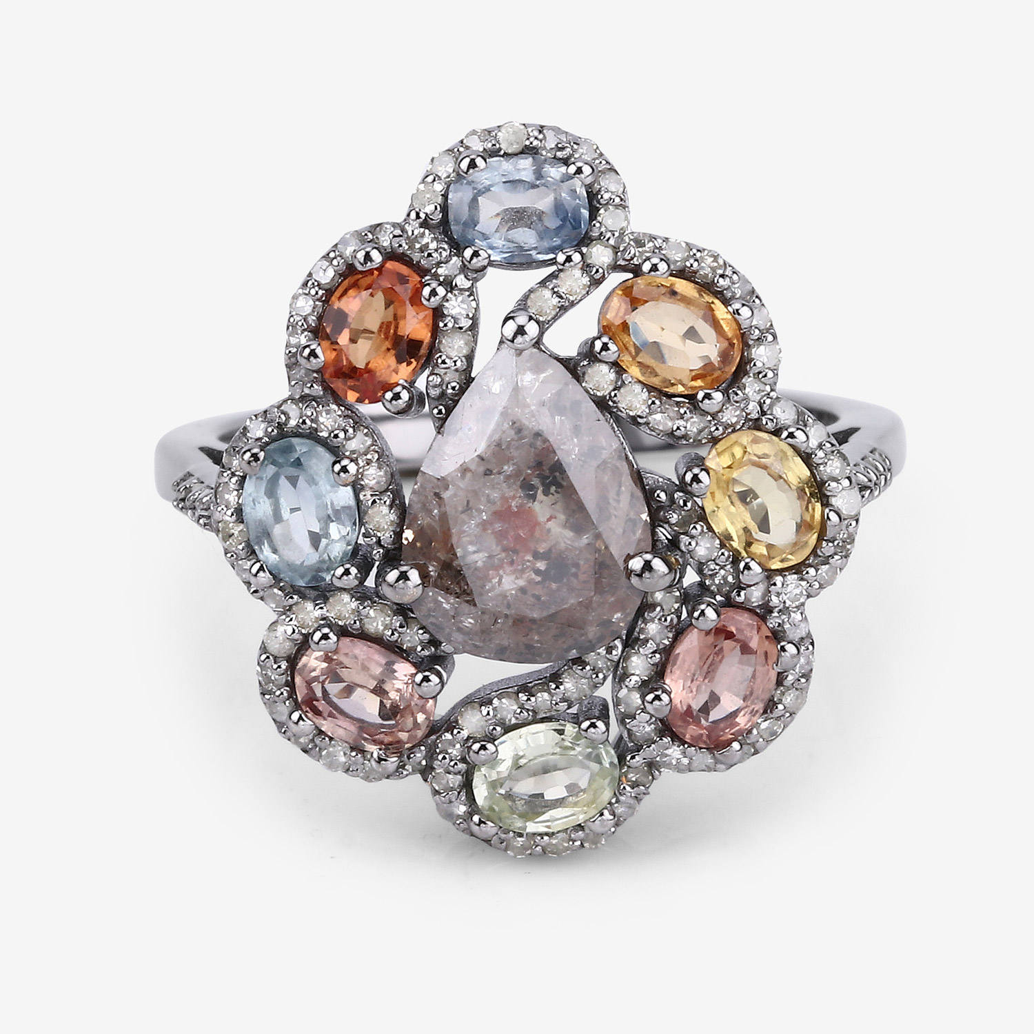 Multi-Gemstone Ring, Champagne Diamond Ring, Black Rhodium Plated Sterling Silver Ring, Statement Ring, Gift for Mom