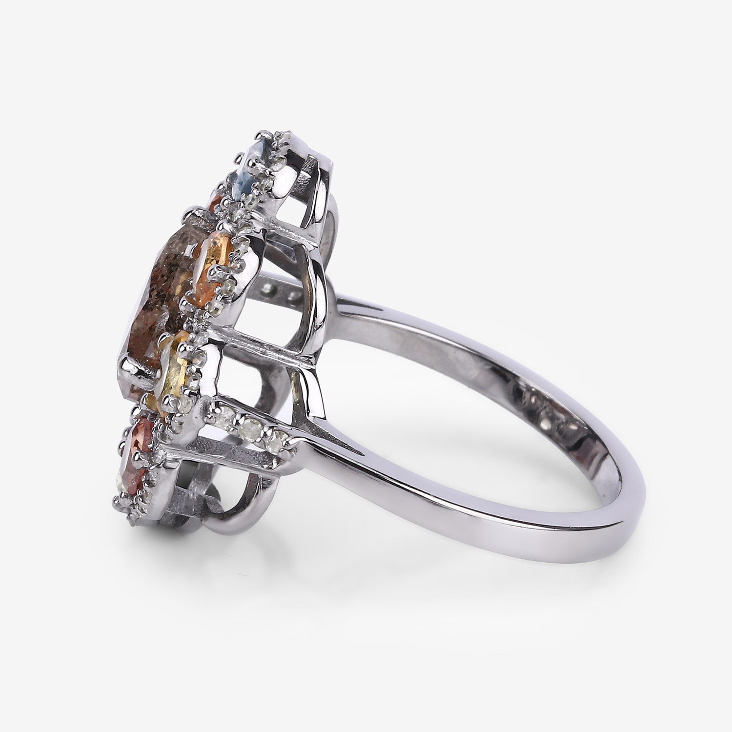 Multi-Gemstone Ring, Champagne Diamond Ring, Black Rhodium Plated Sterling Silver Ring, Statement Ring, Gift for Mom