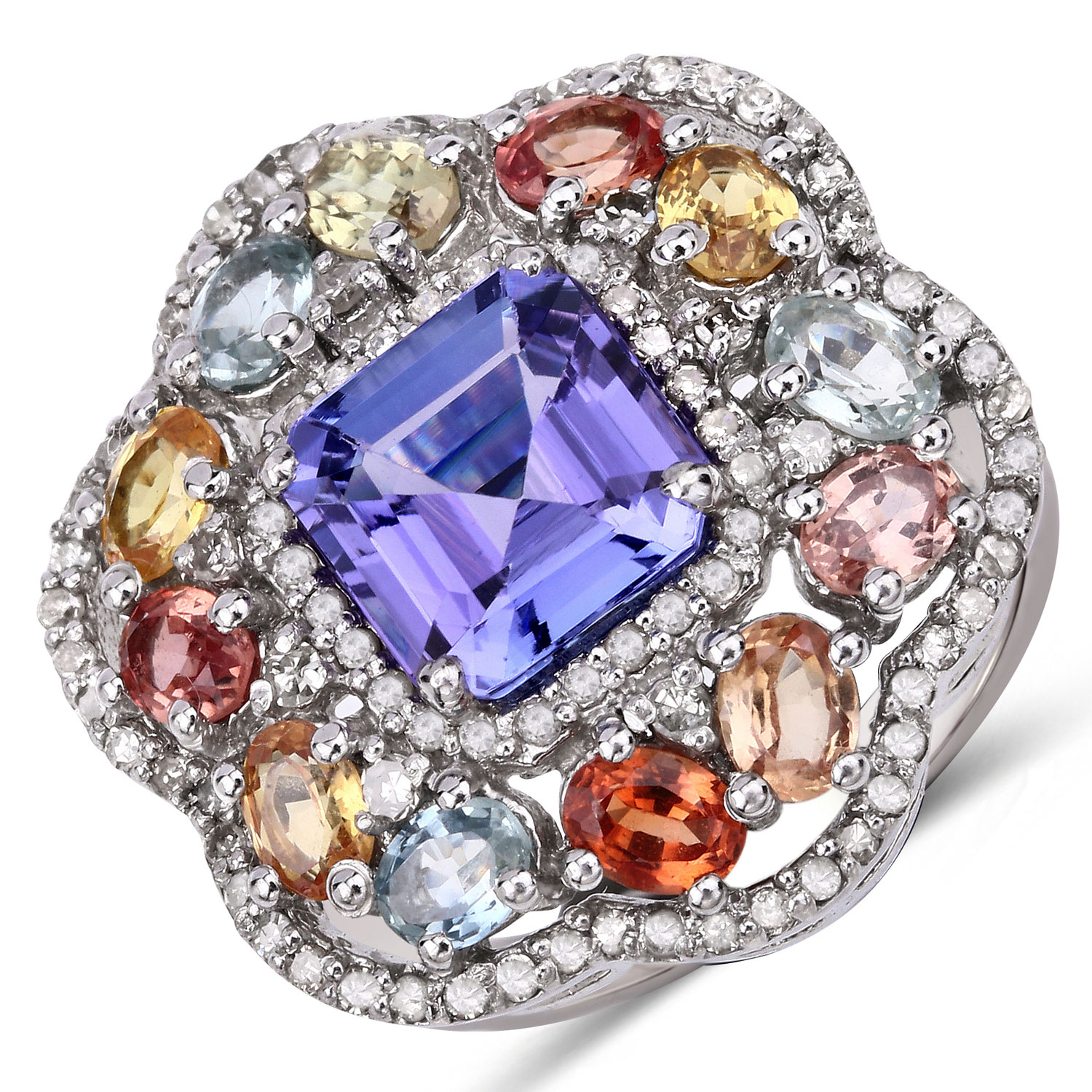 4.94 Carat Genuine Multi Gemstones .925 Sterling Silver Ring