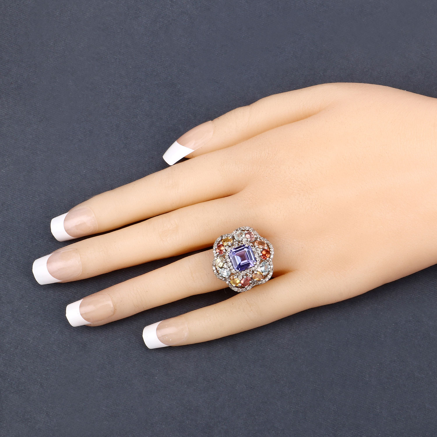 4.94 Carat Genuine Multi Gemstones .925 Sterling Silver Ring