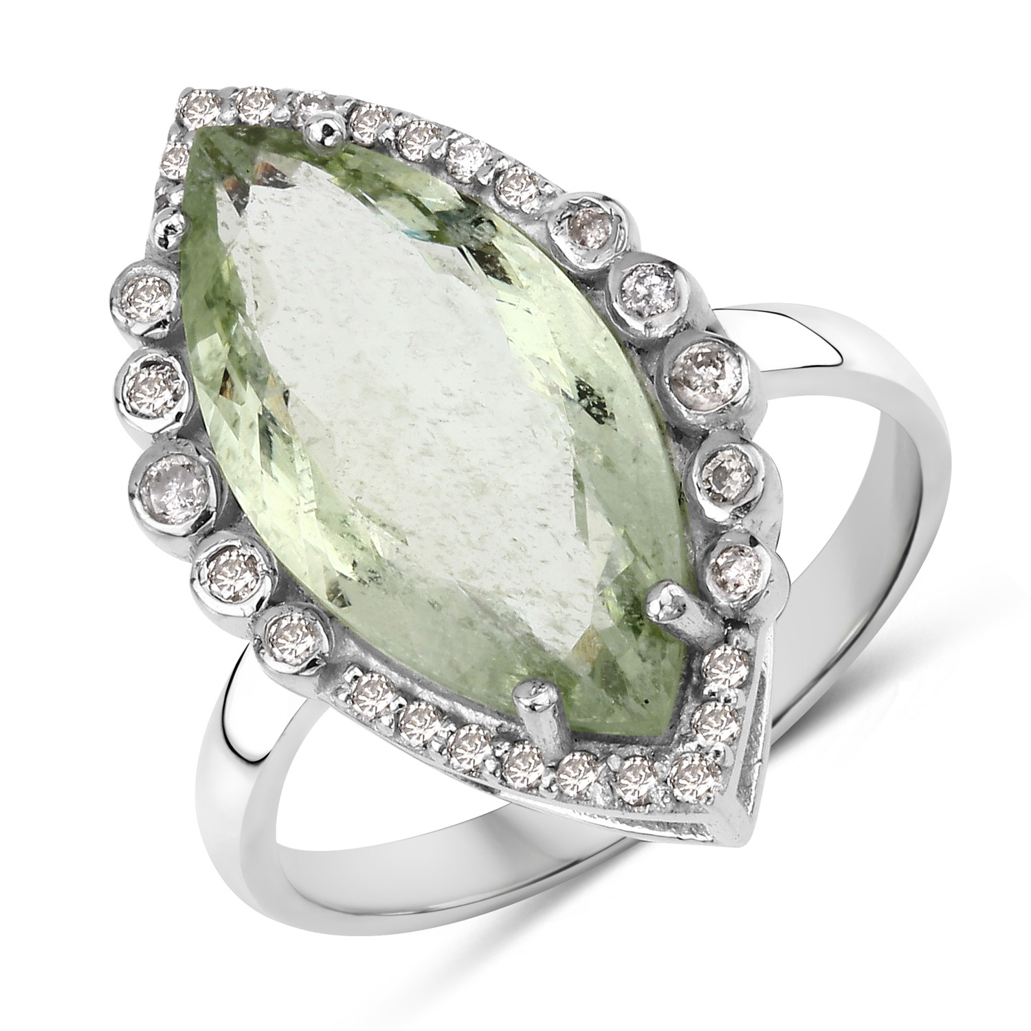 Green Aqua Ring, Natural Green Aqua with Diamond Halo Sterling Silver Ring, Statement Ring, Engagement Ring