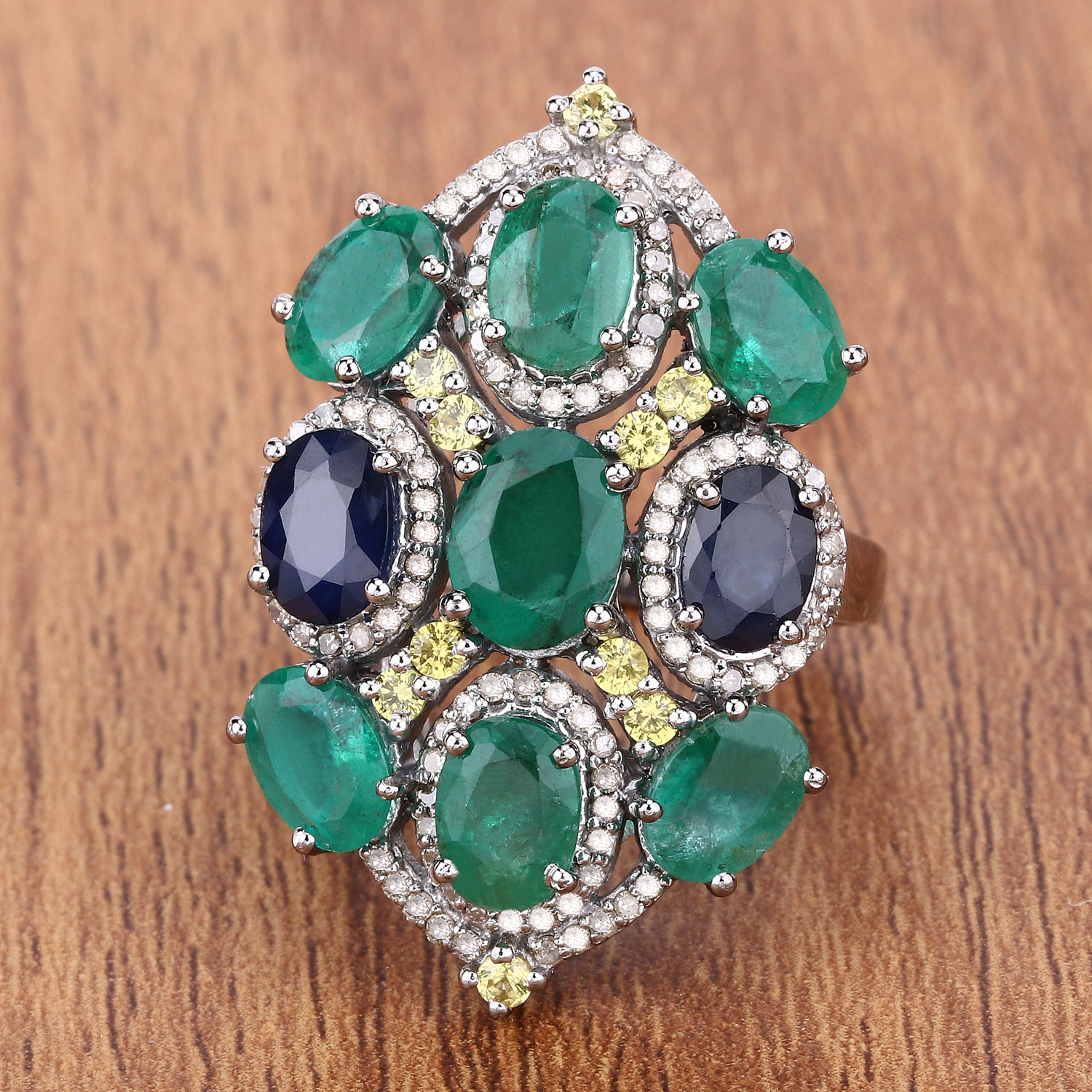 9.90 Carat Genuine Multi Gemstones .925 Sterling Silver Ring