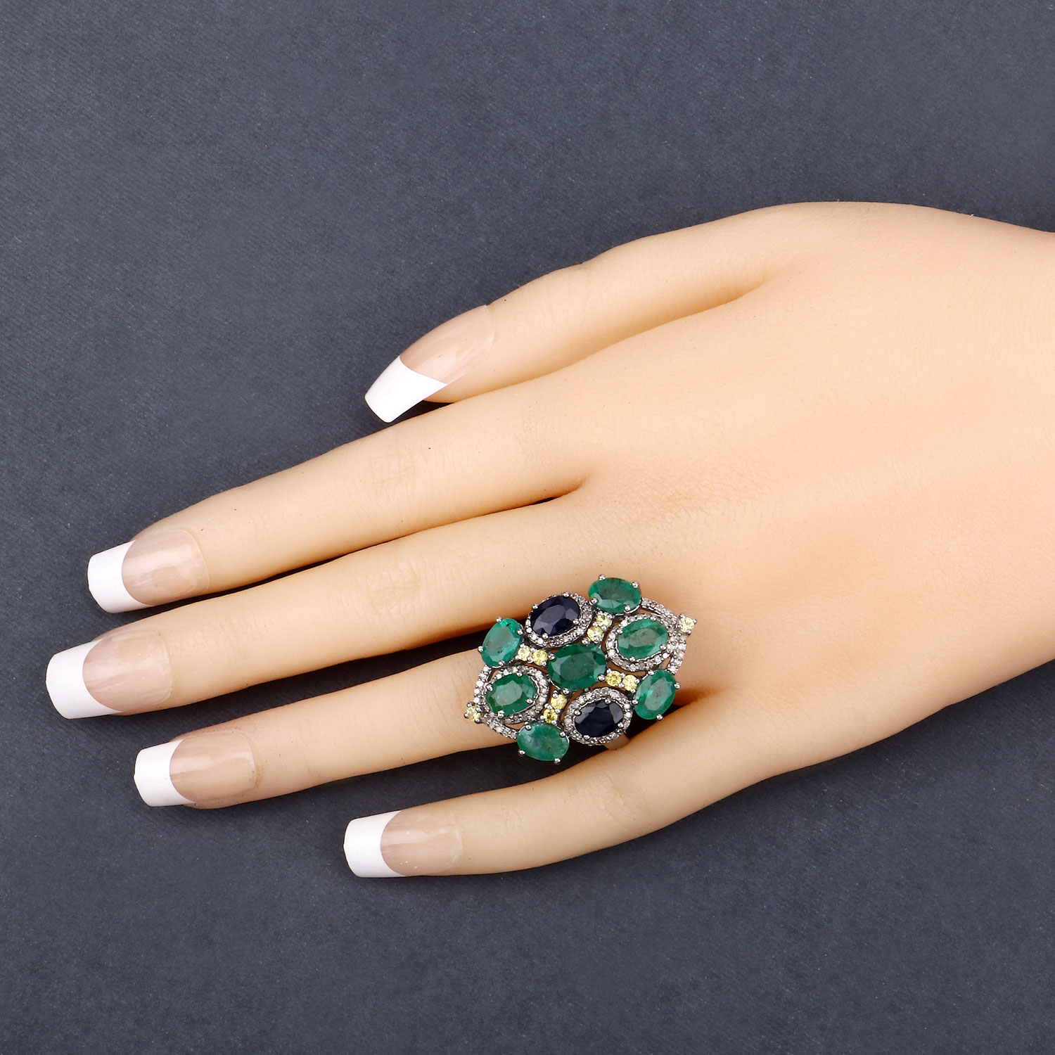 9.90 Carat Genuine Multi Gemstones .925 Sterling Silver Ring