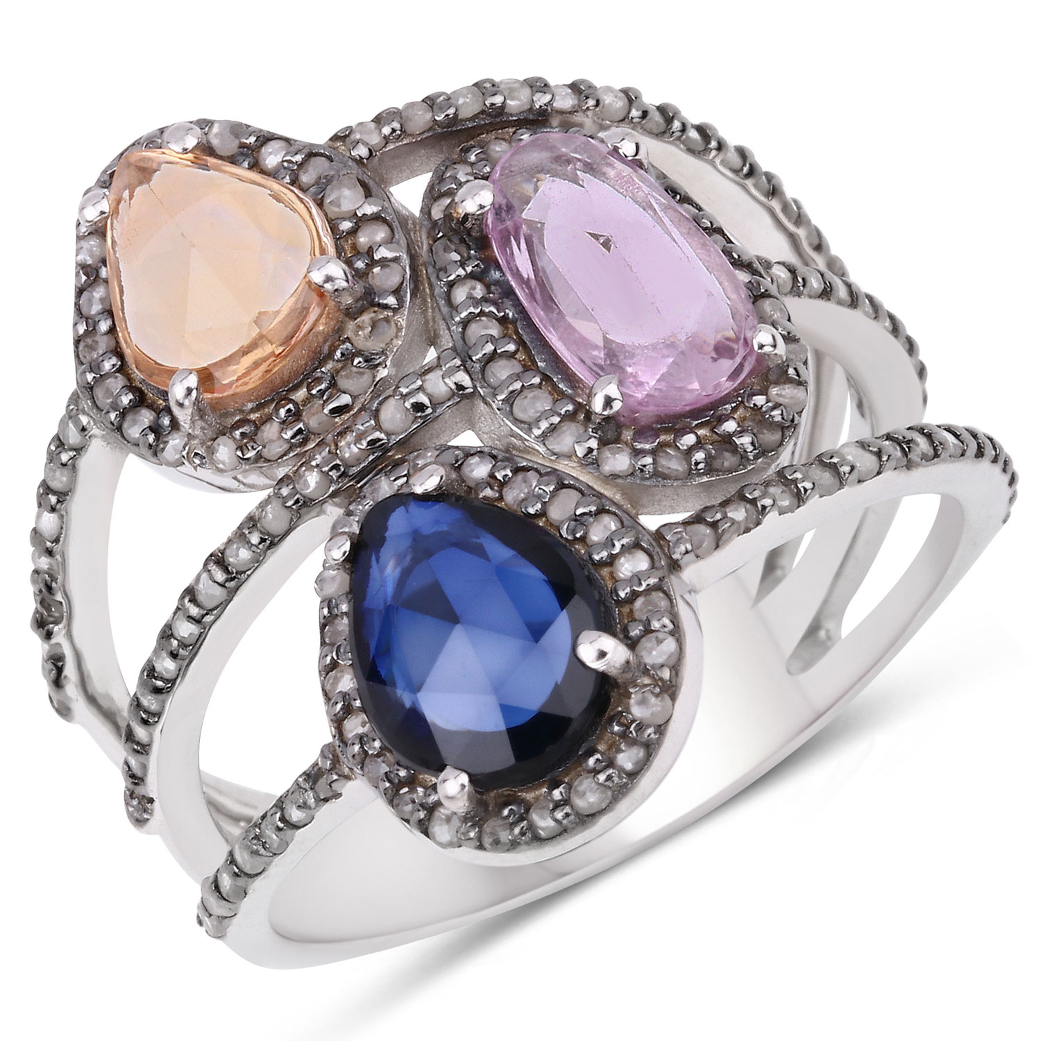 2.83 Carat Genuine Multi Gemstones .925 Sterling Silver Ring