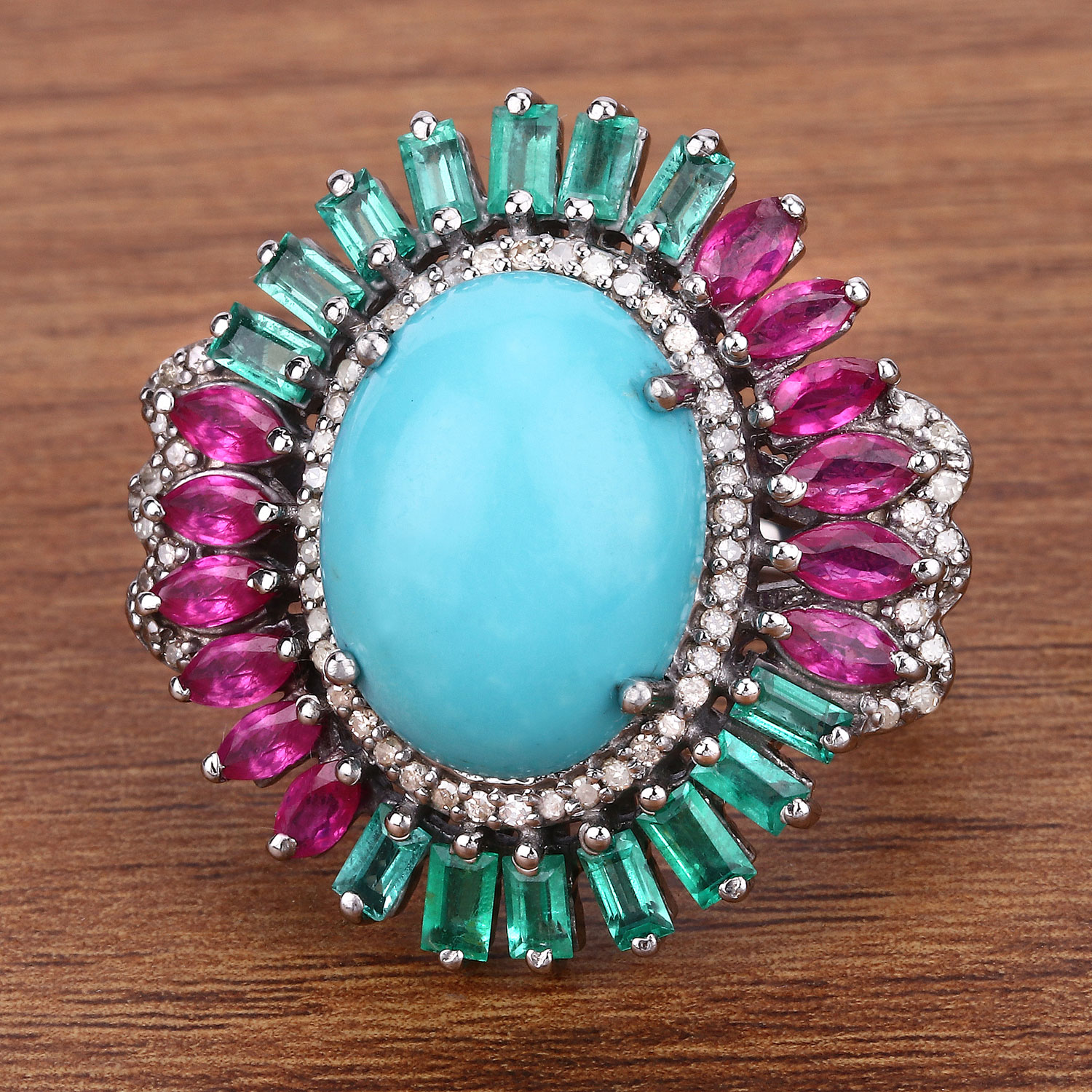 10.53 Carat Genuine Multi Gemstones .925 Sterling Silver Ring