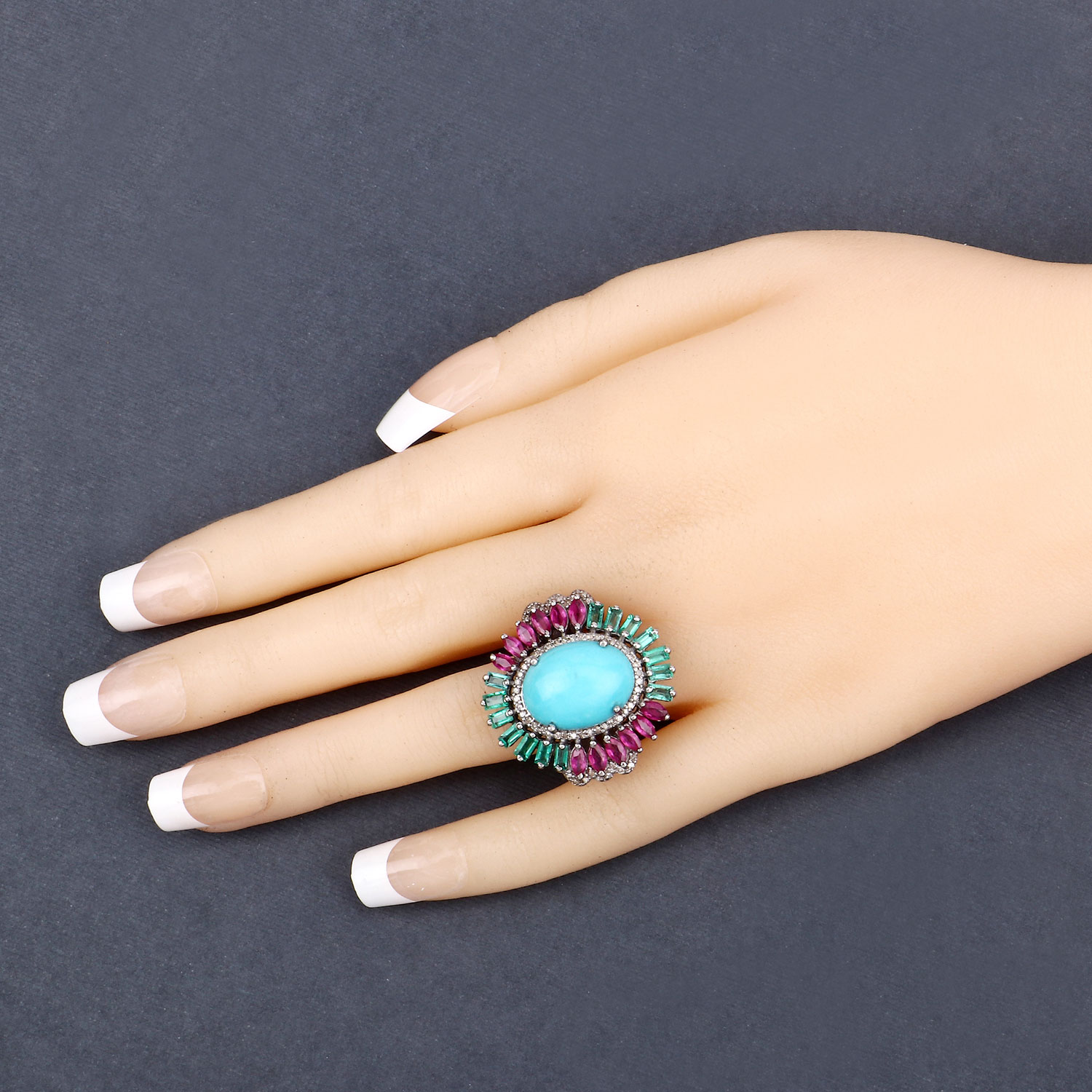 10.53 Carat Genuine Multi Gemstones .925 Sterling Silver Ring