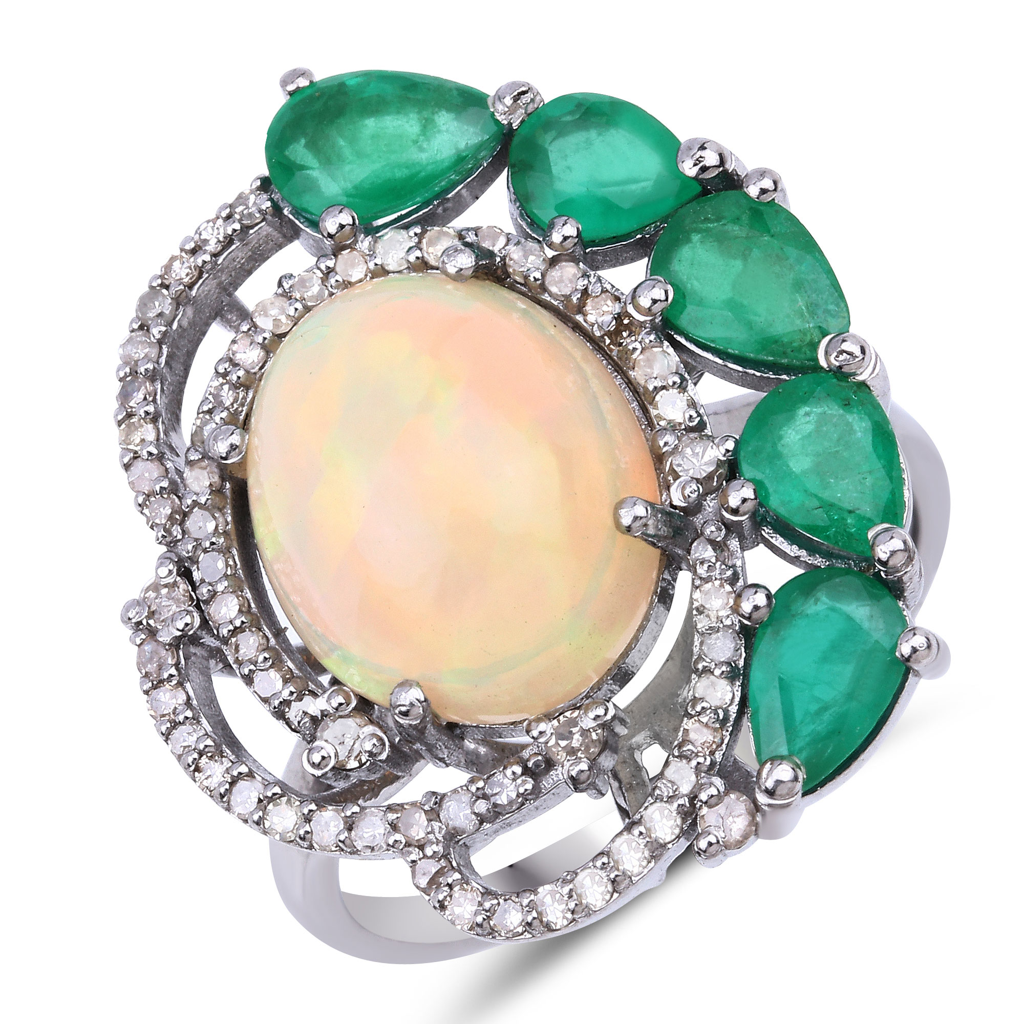 6.73 Carat Genuine Emerald, Opal and White Diamond .925 Sterling Silver Ring