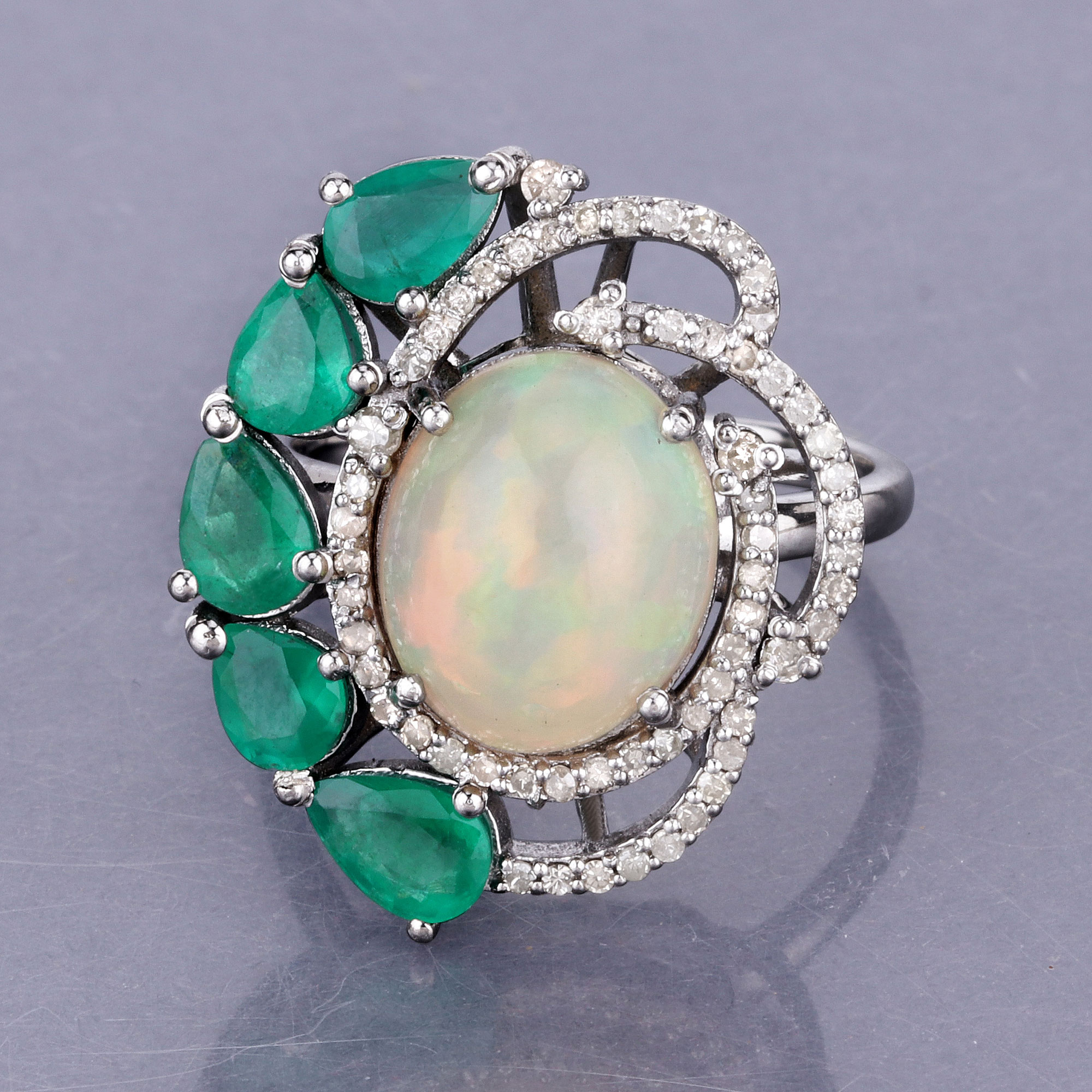 6.73 Carat Genuine Emerald, Opal and White Diamond .925 Sterling Silver Ring