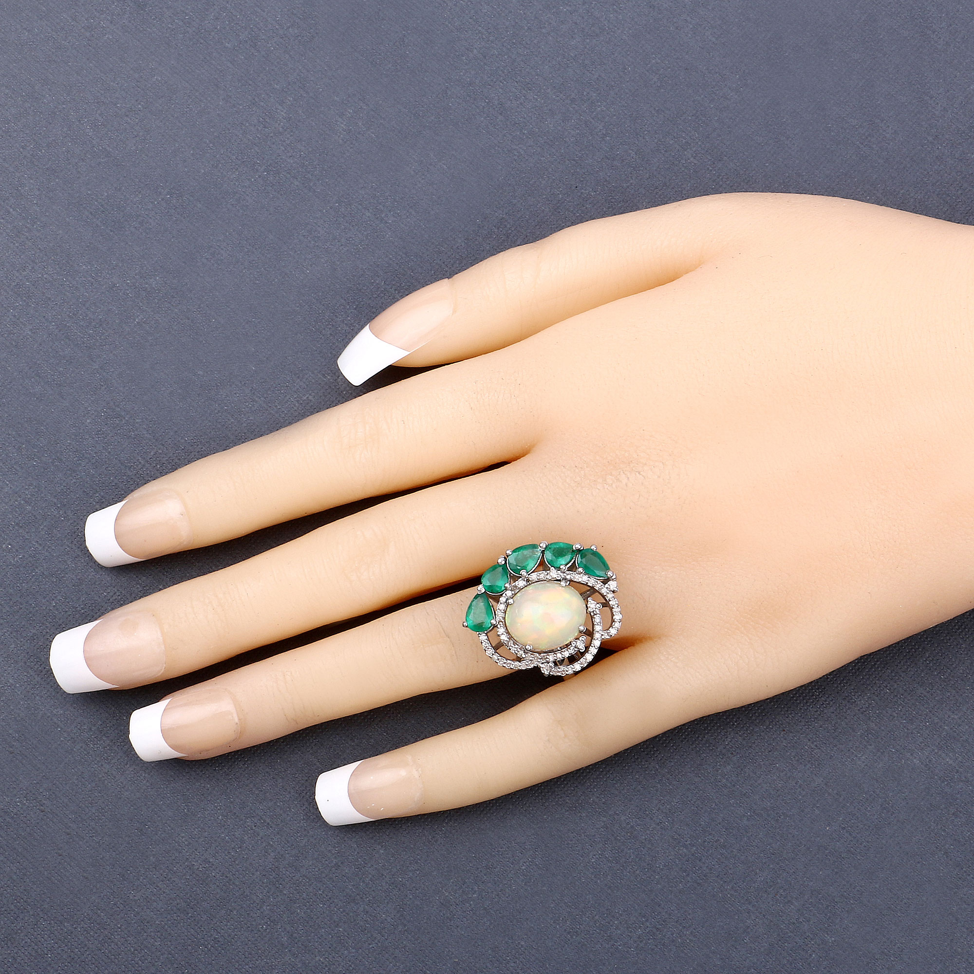 6.73 Carat Genuine Emerald, Opal and White Diamond .925 Sterling Silver Ring
