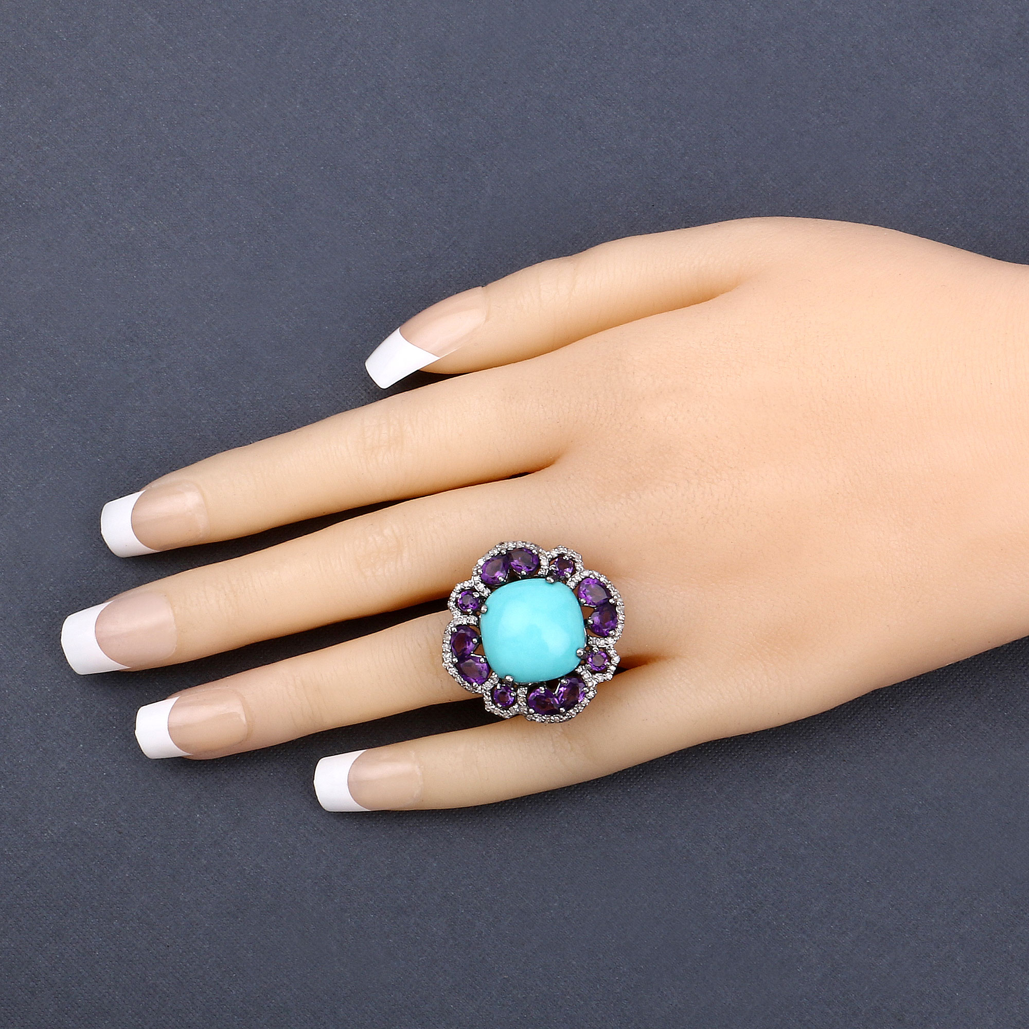 13.36 Carat Genuine Amethyst, Turquoise and White Diamond .925 Sterling Silver Ring
