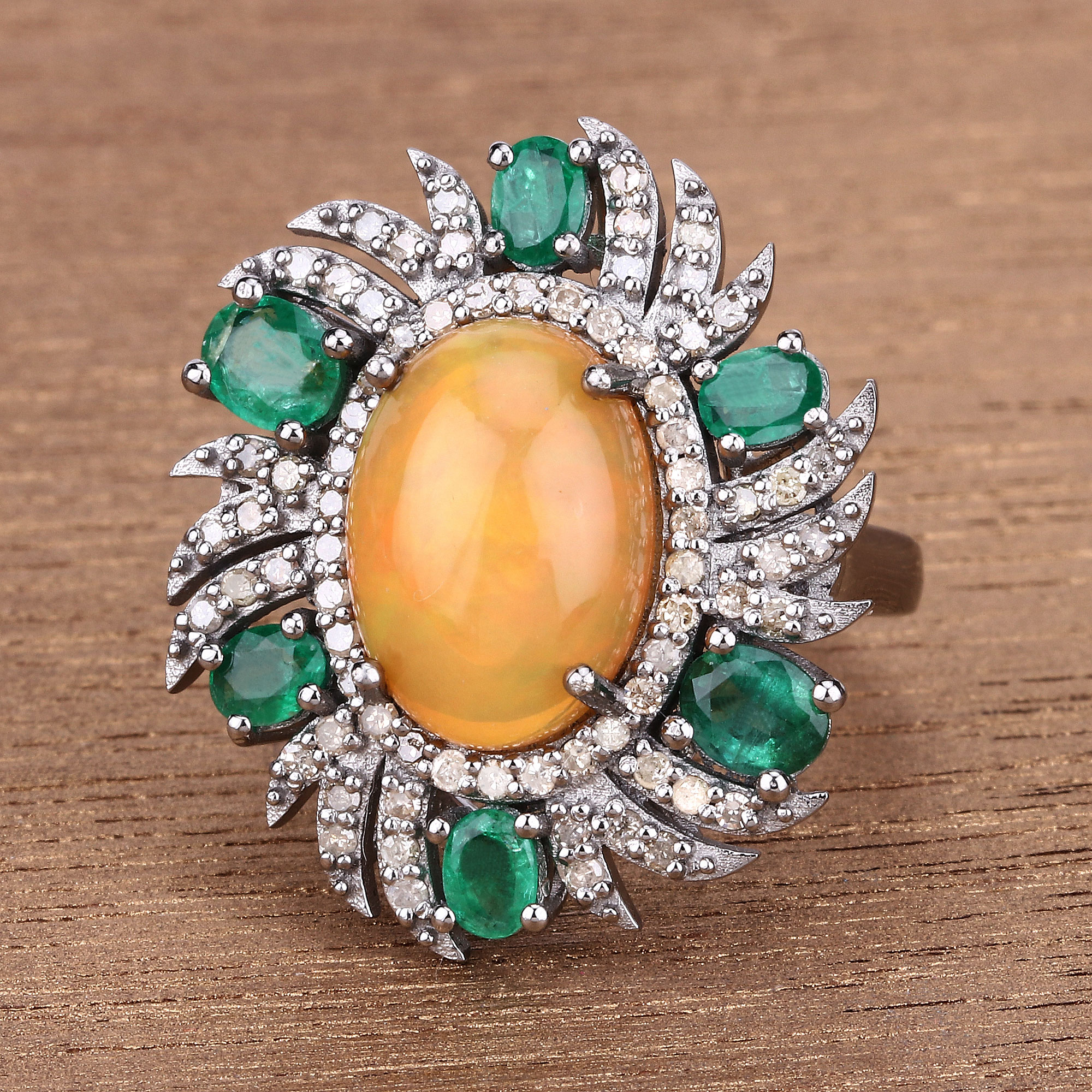5.70 Carat Genuine Emerald, Opal and White Diamond .925 Sterling Silver Ring