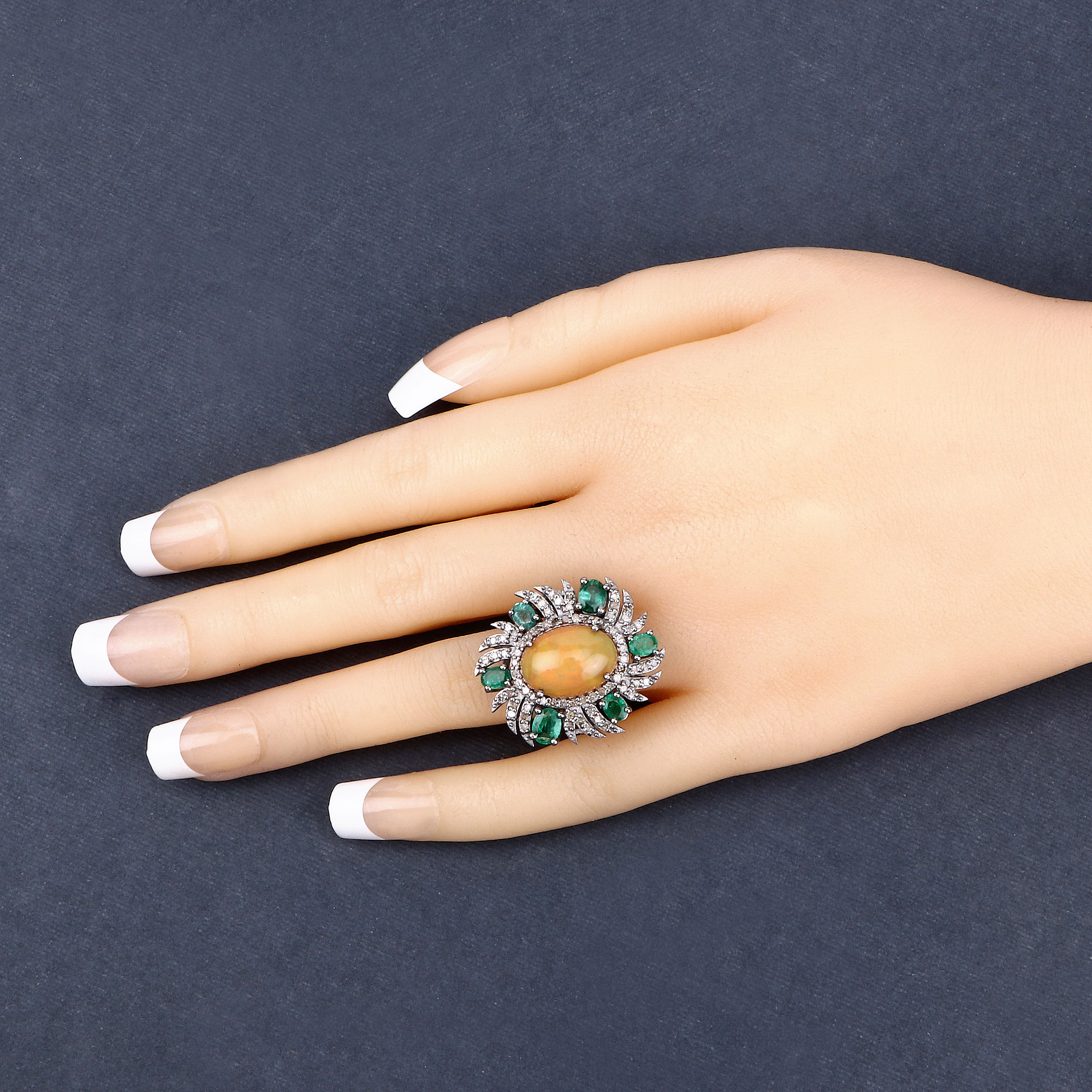 5.70 Carat Genuine Emerald, Opal and White Diamond .925 Sterling Silver Ring