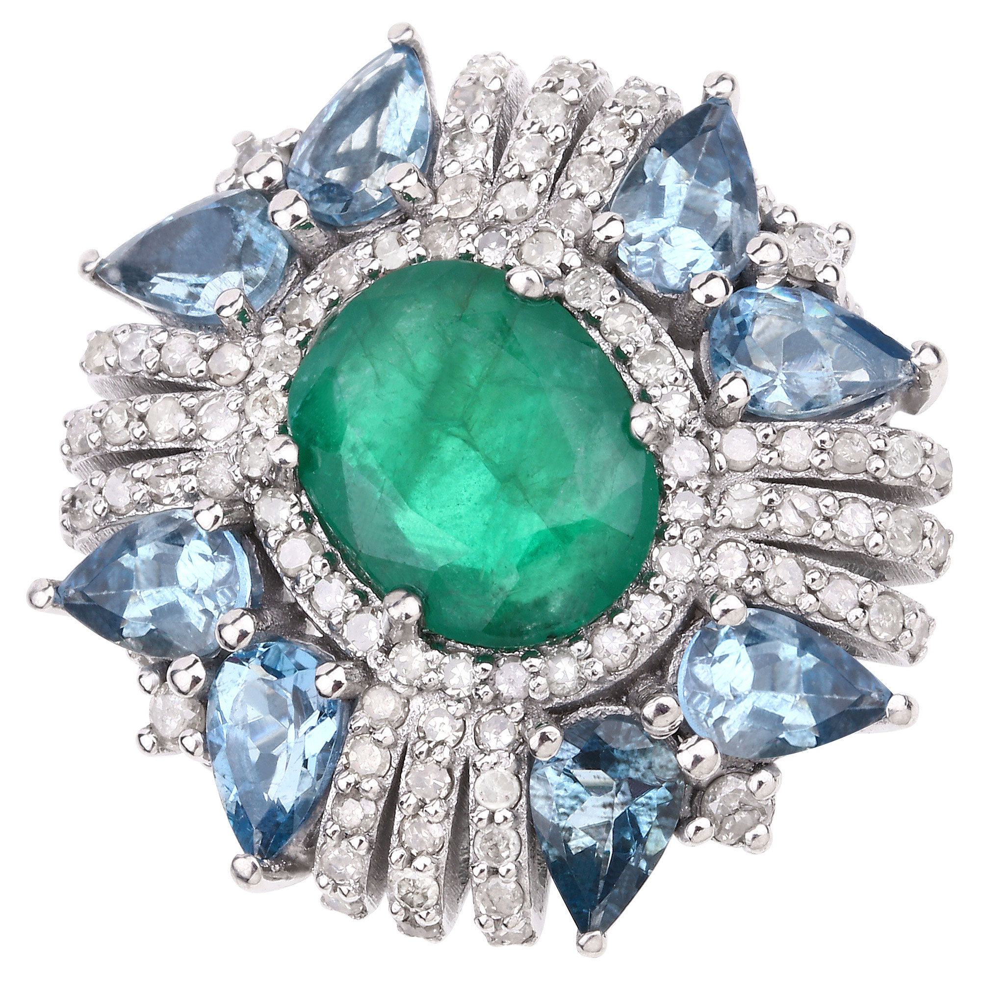 7.30 Carat Genuine Emerald, London Blue Topaz and White Diamond .925 Sterling Silver Ring