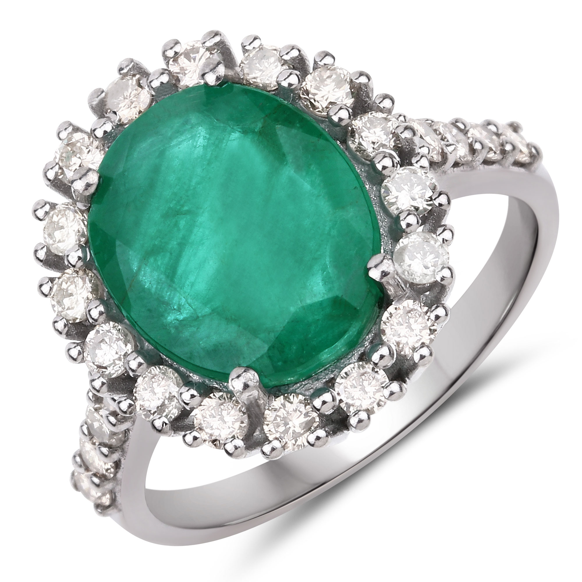 5.40 Carat Genuine Emerald and White Diamond .925 Sterling Silver Ring
