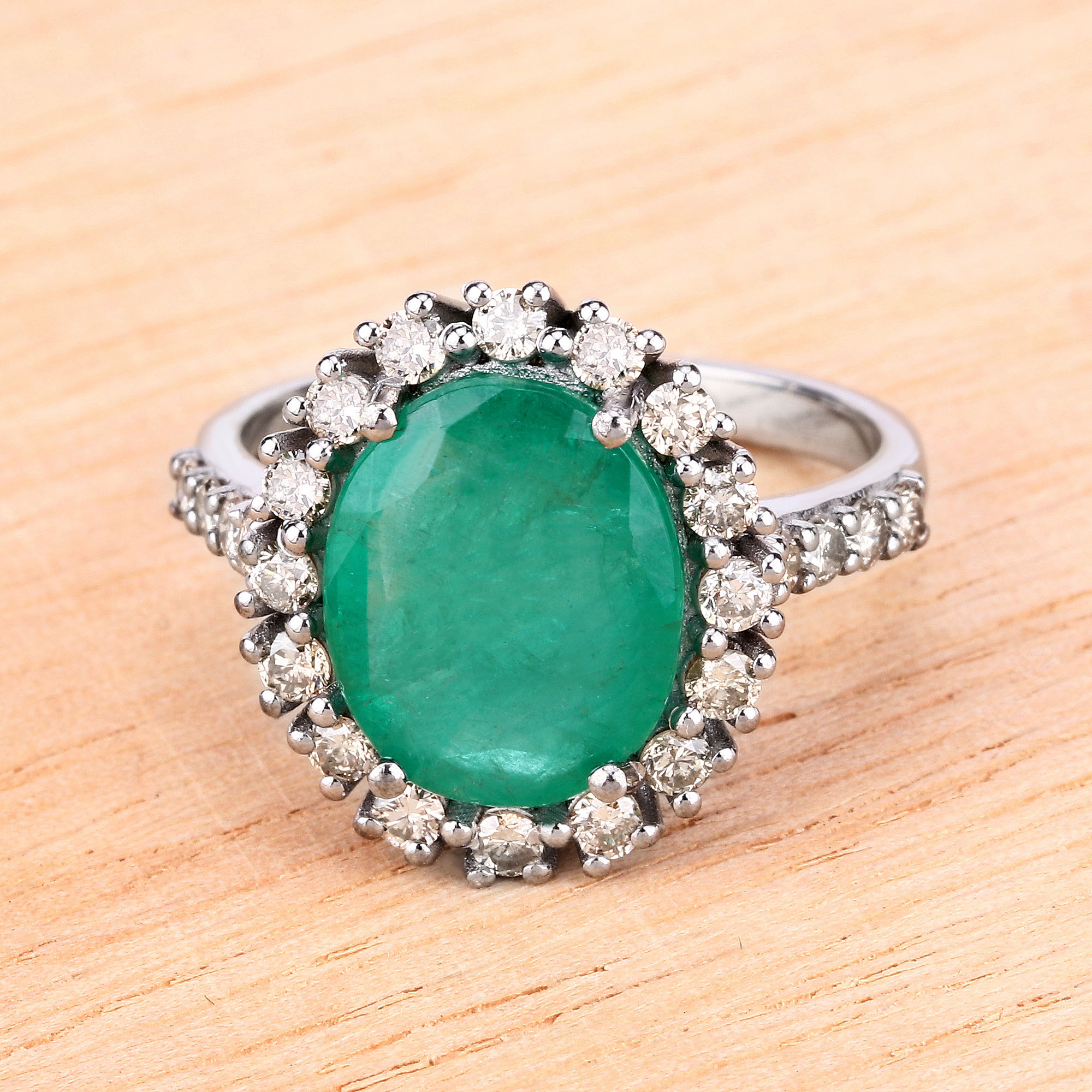 5.40 Carat Genuine Emerald and White Diamond .925 Sterling Silver Ring