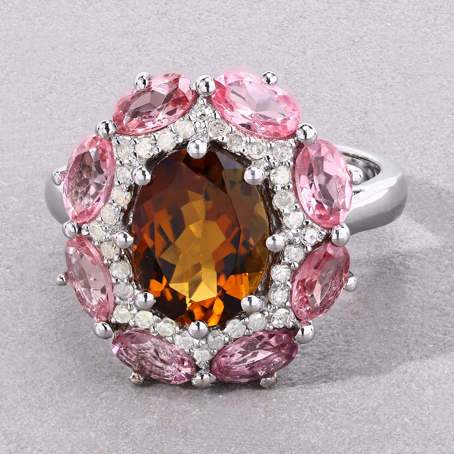 4.23 Carat Genuine Multi Tourmaline and White Diamond .925 Sterling Silver Ring