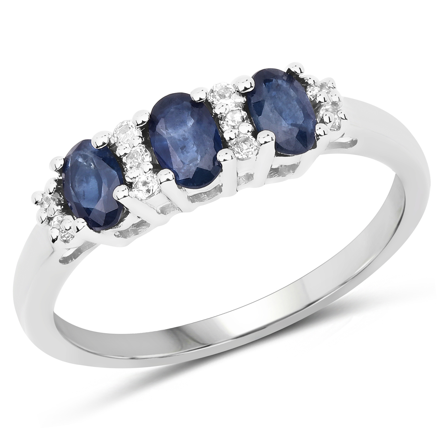 1.49 Carat Genuine Blue Sapphire & White Topaz .925 Sterling Silver Ring